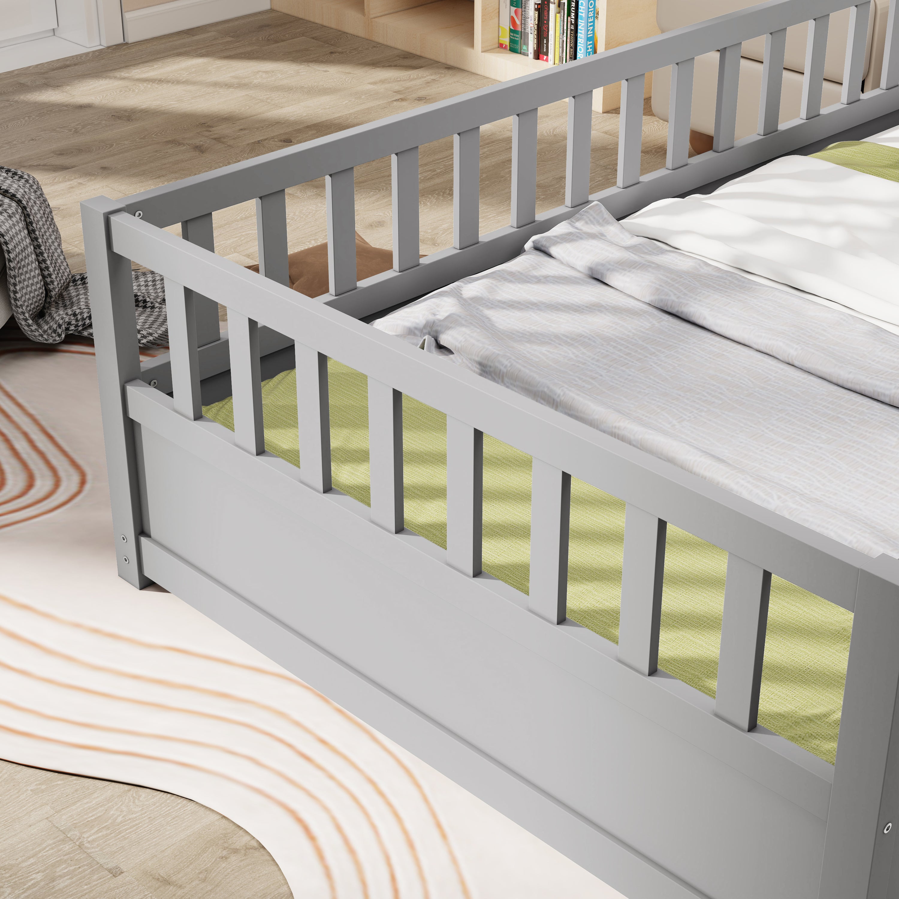 Twin Size Floor bed, integral construction with super high security barrier, door, children's floor bed frame, Montessori wooden children's floor bed, Support slat Grey