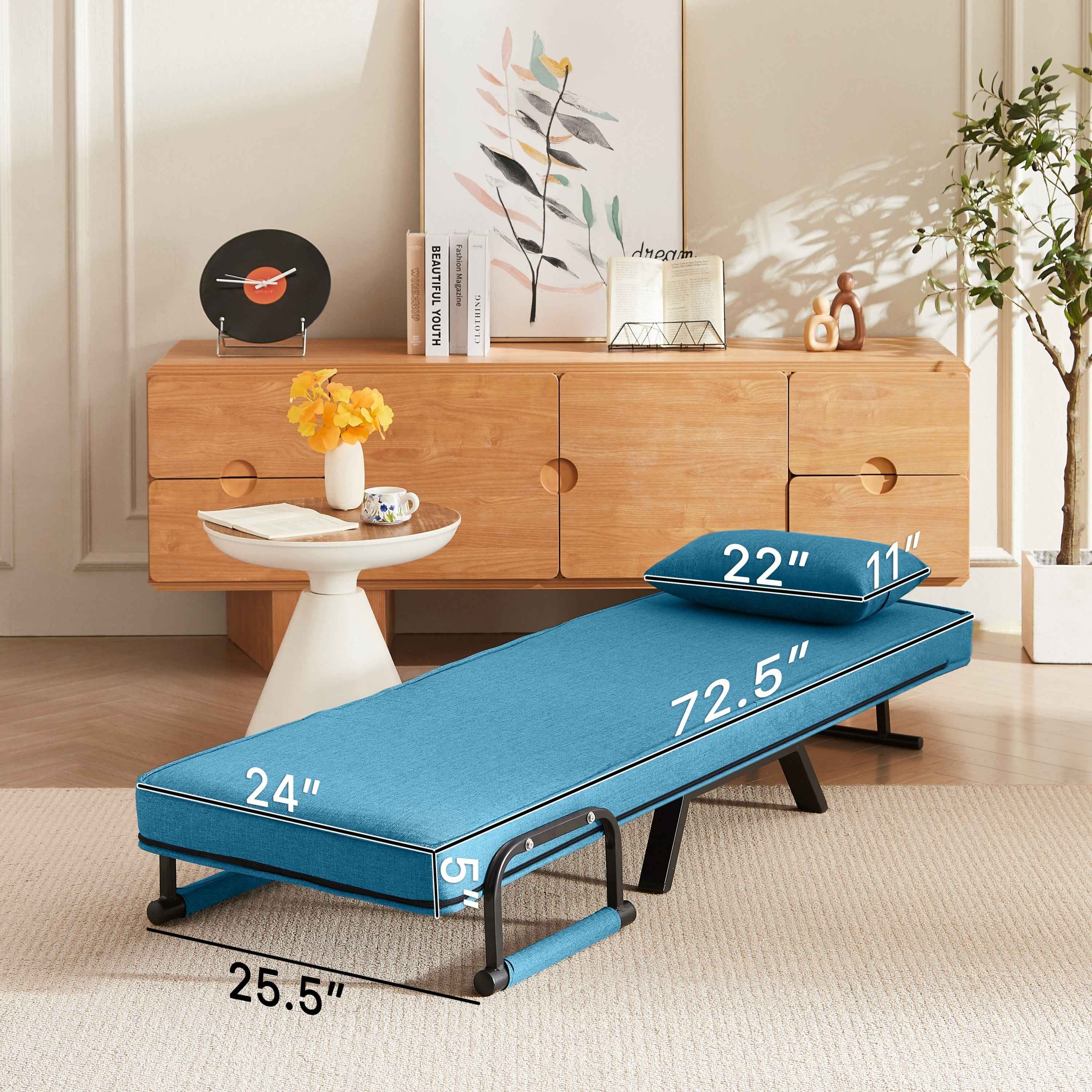 Convertible 5-in-1 Folding Chair Bed with Adjustable Backrest & Pillow in Blue Linen for Small Spaces