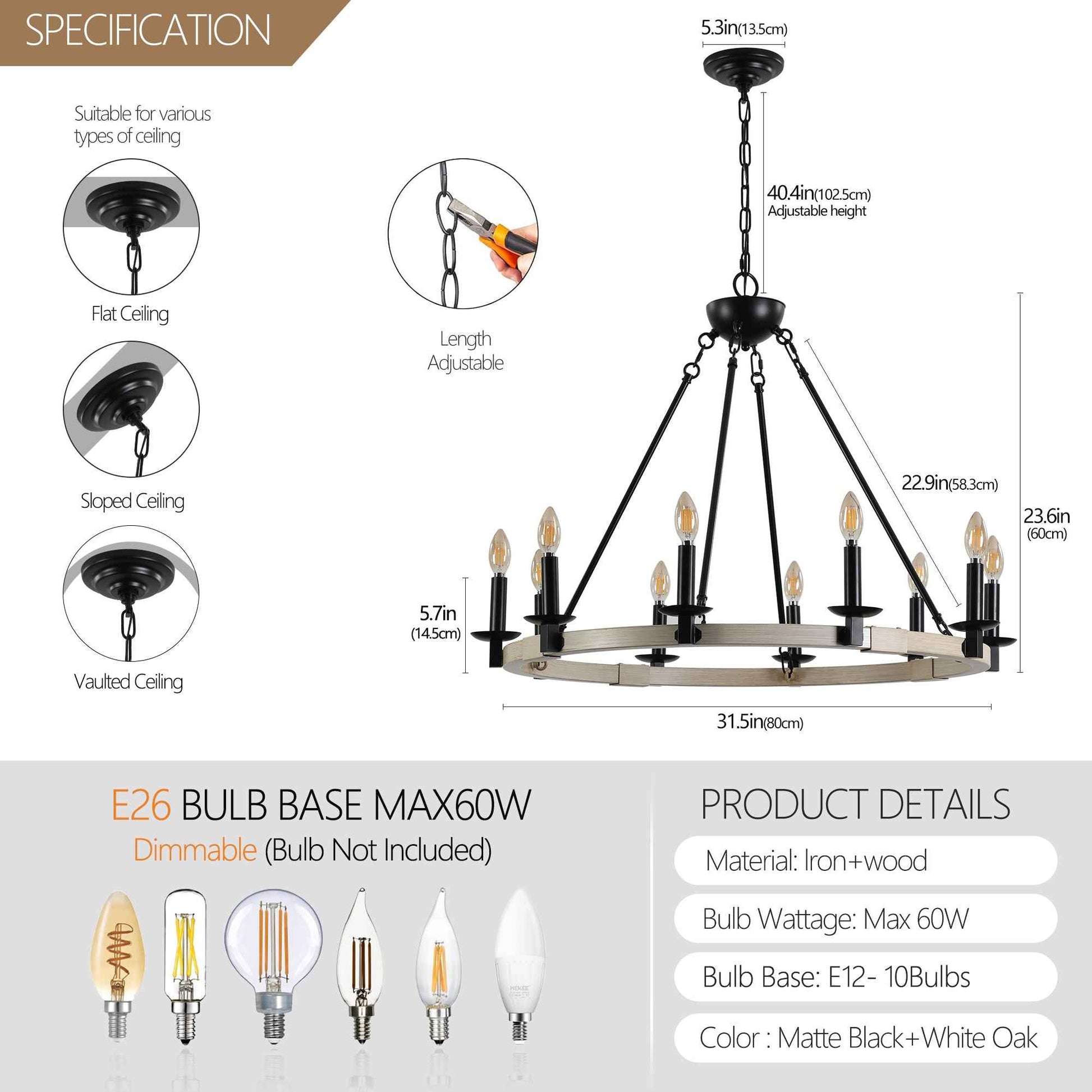 32' Rustic Farmhouse 10-Light Candle Chandelier, Black Metal and Wood Round Hanging Light Fixture for Dining Room, Kitchen, Living Room, Adjustable Height, E12 Bulb Base (No Bulbs)