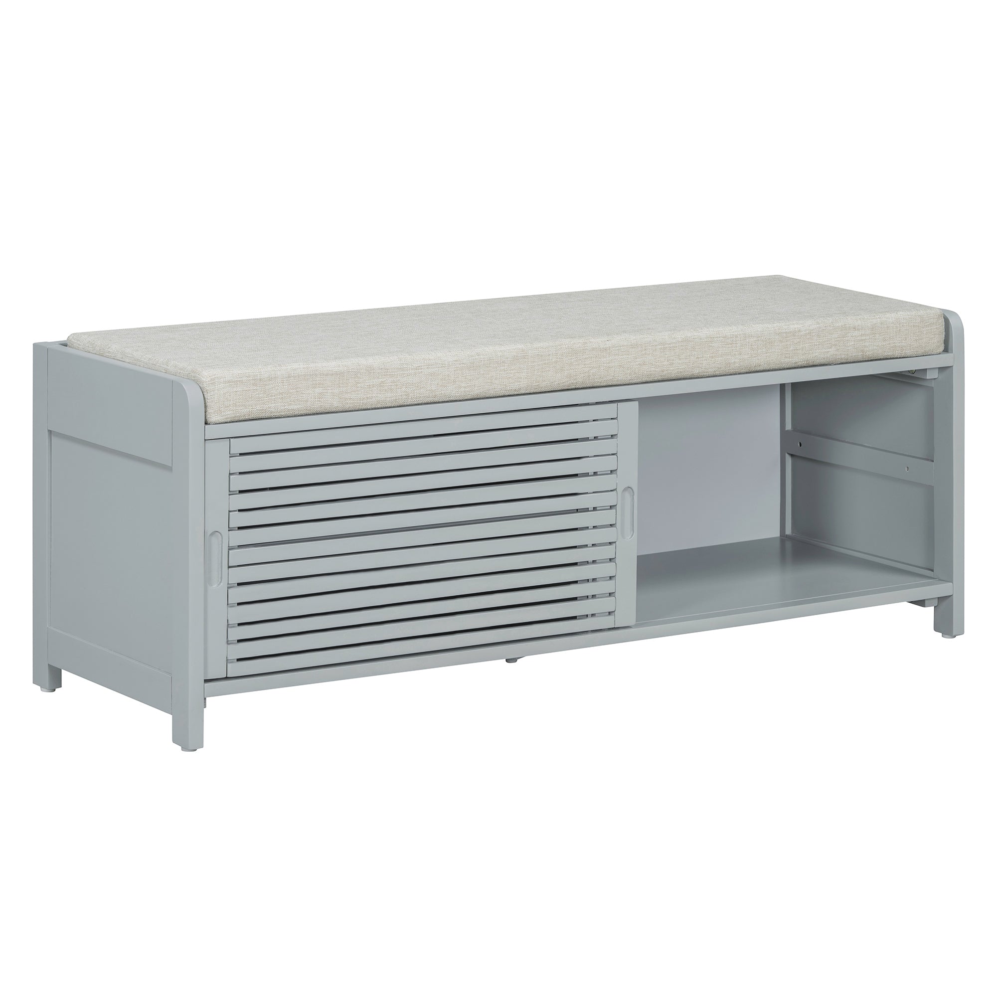 TREXM Distressed Shutter Storage Bench with Acacia Veneer for Retro Charm for Living Room, Entryway (Grey)