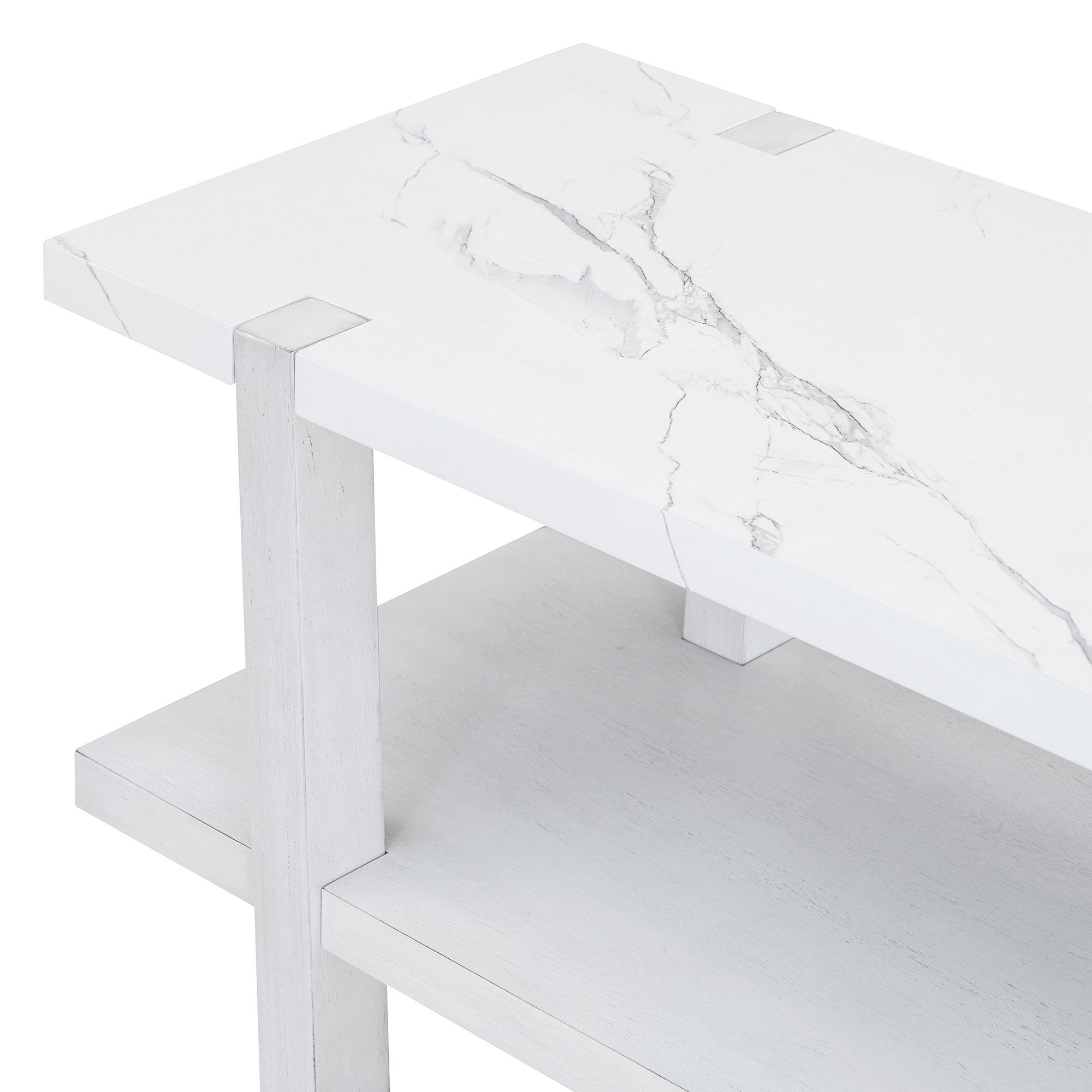 TREXM Retro Elegant Console Table with Marble-Effect Top and Versatile Storage Solutions for Entryway and Living Room (Antique White)