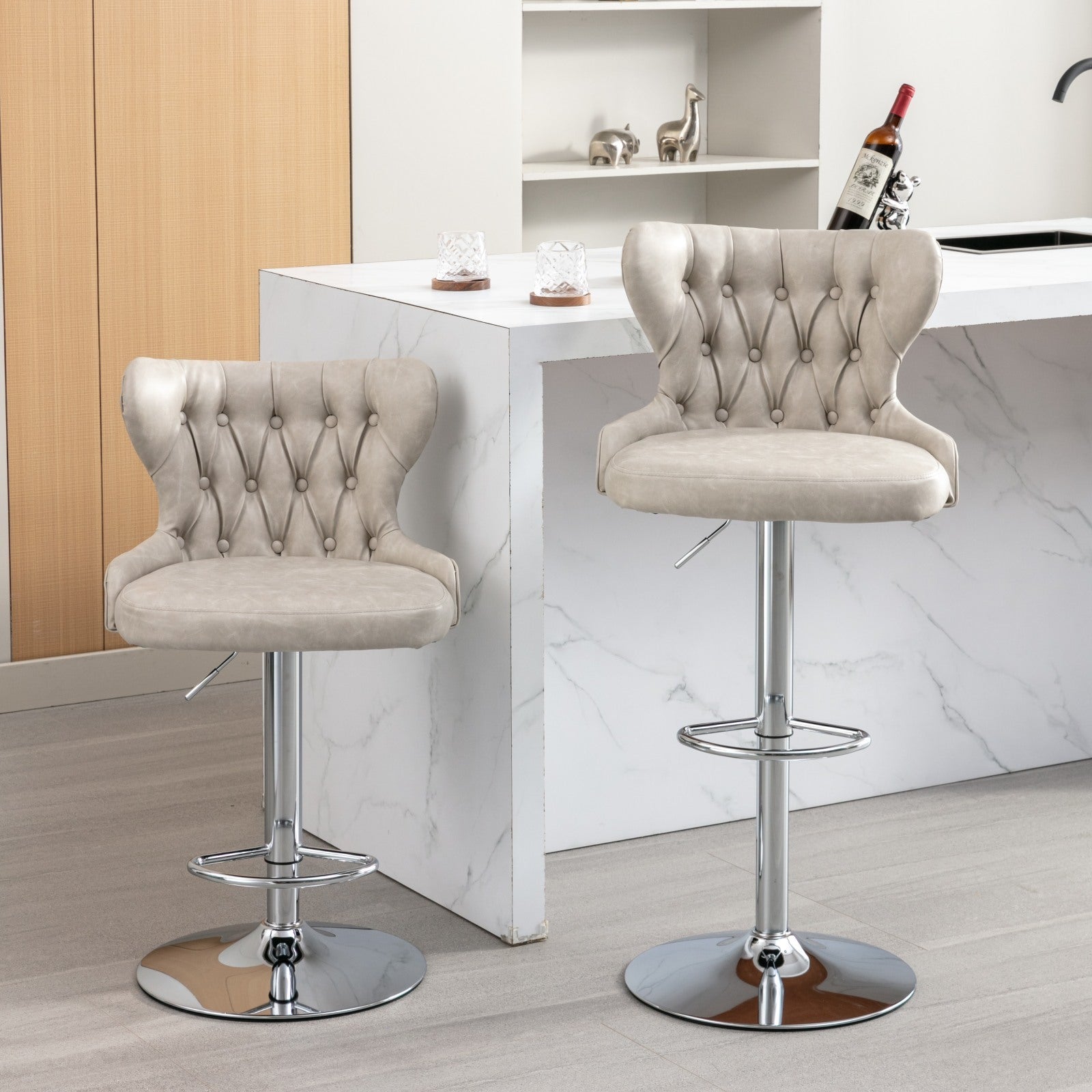 Swivel PU Barstools Adjusatble Seat Height from 25-33 Inch, Modern Upholstered Chrome base Bar Stools with Backs Comfortable Tufted for Home Pub and Kitchen Island,Olive-Green, SW1844BG