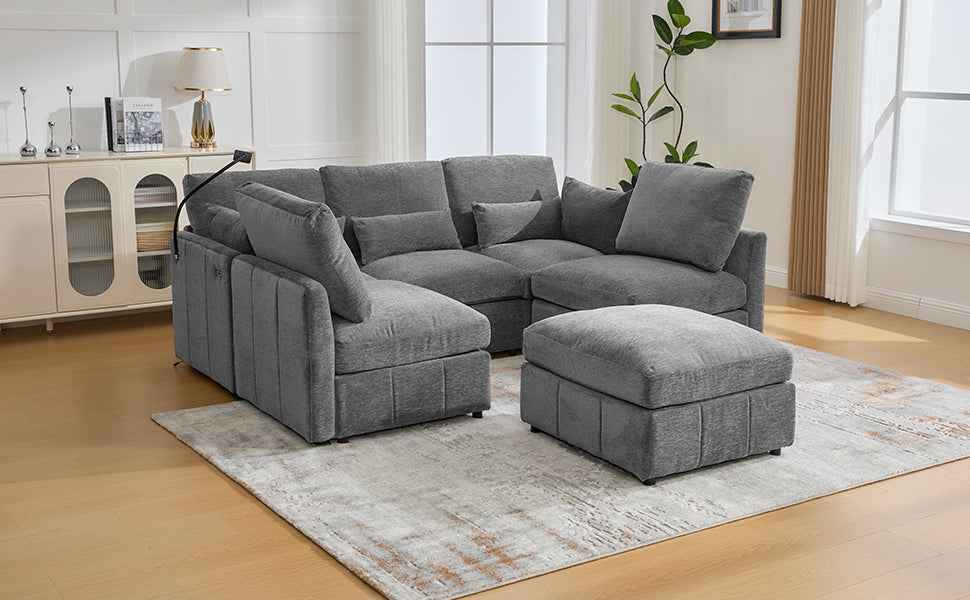 Modern Sectional Sofa Modular Sofa with Movable Ottoman, USB Ports & Phone Holder, Grey Chenille, 85.4'