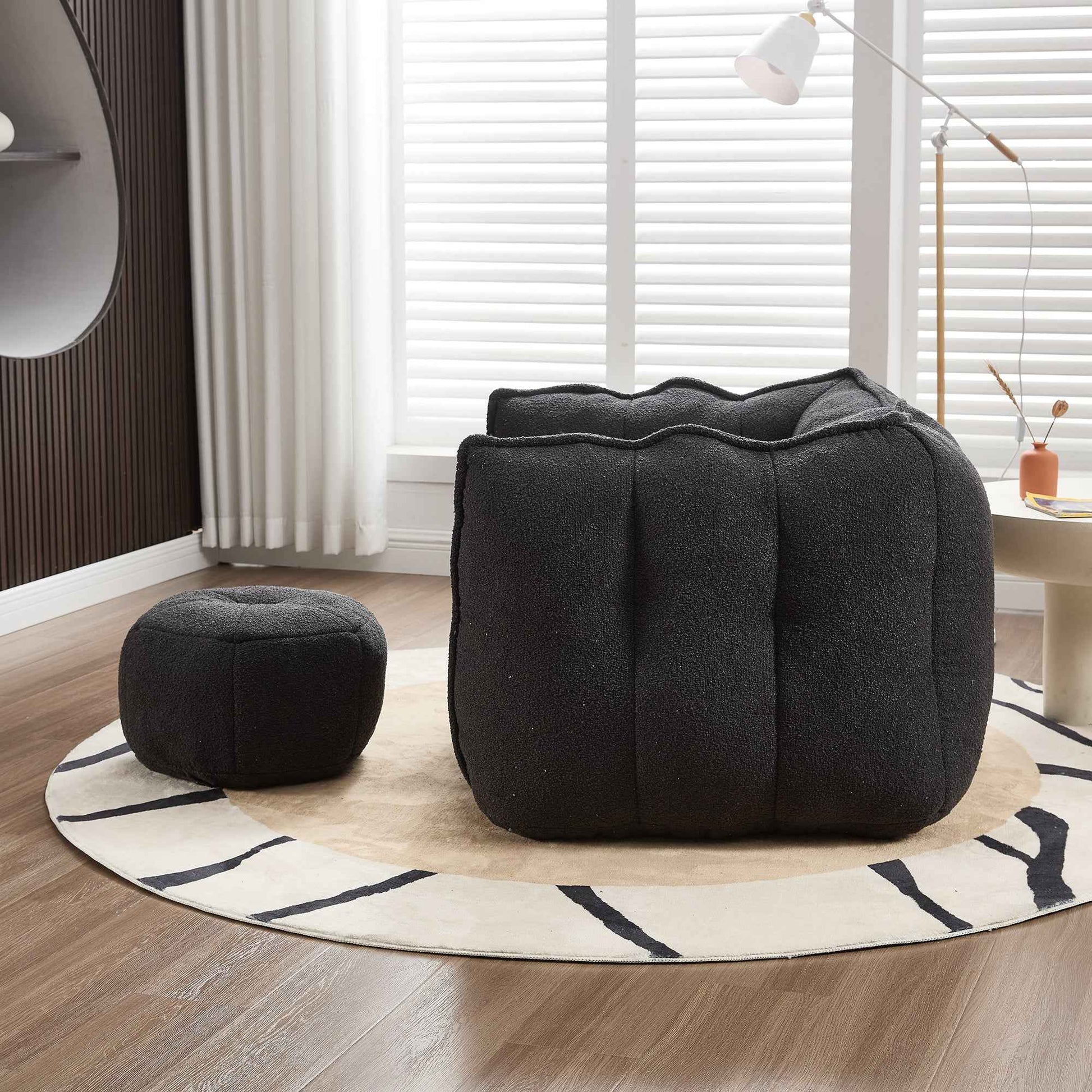 Soft Chenille Bean Bag Chair with High Resilient Foam for Living Room and Bedroom, Comfortable Square Lazy Sofa with Footstool for Adults