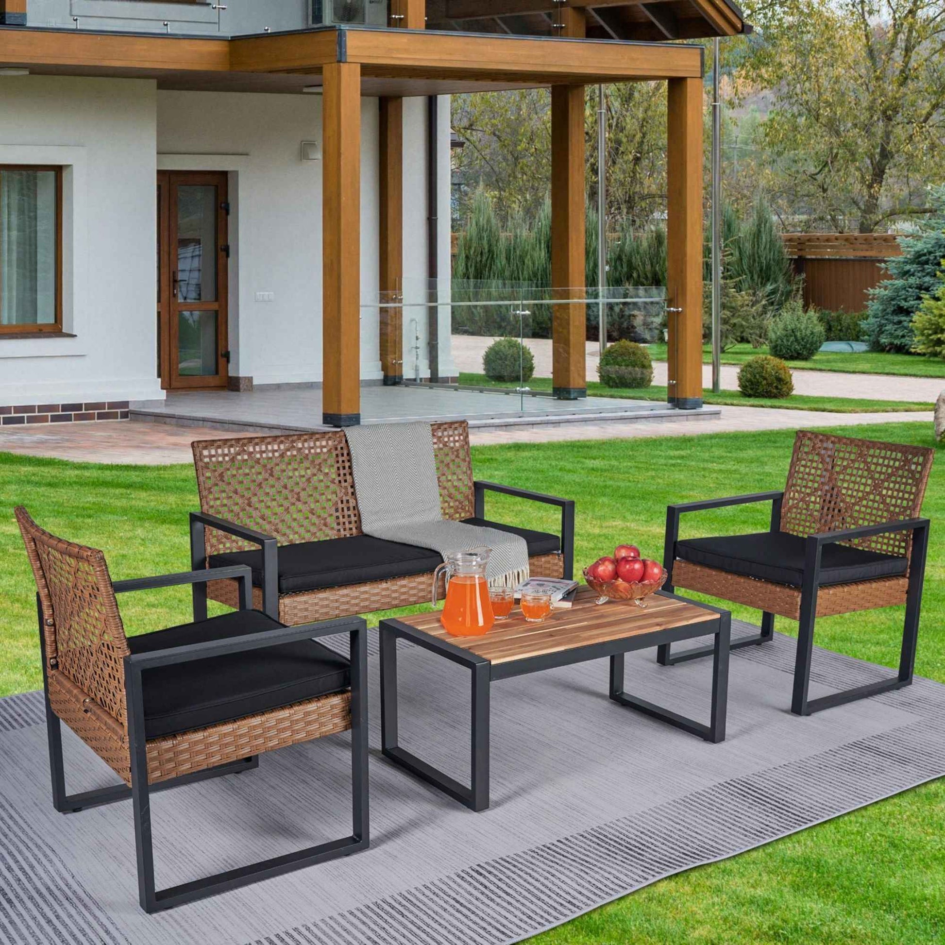Modern Outdoor 4-Piece Patio Furniture Set with Acacia Wood Table Top, Black and Light Brown