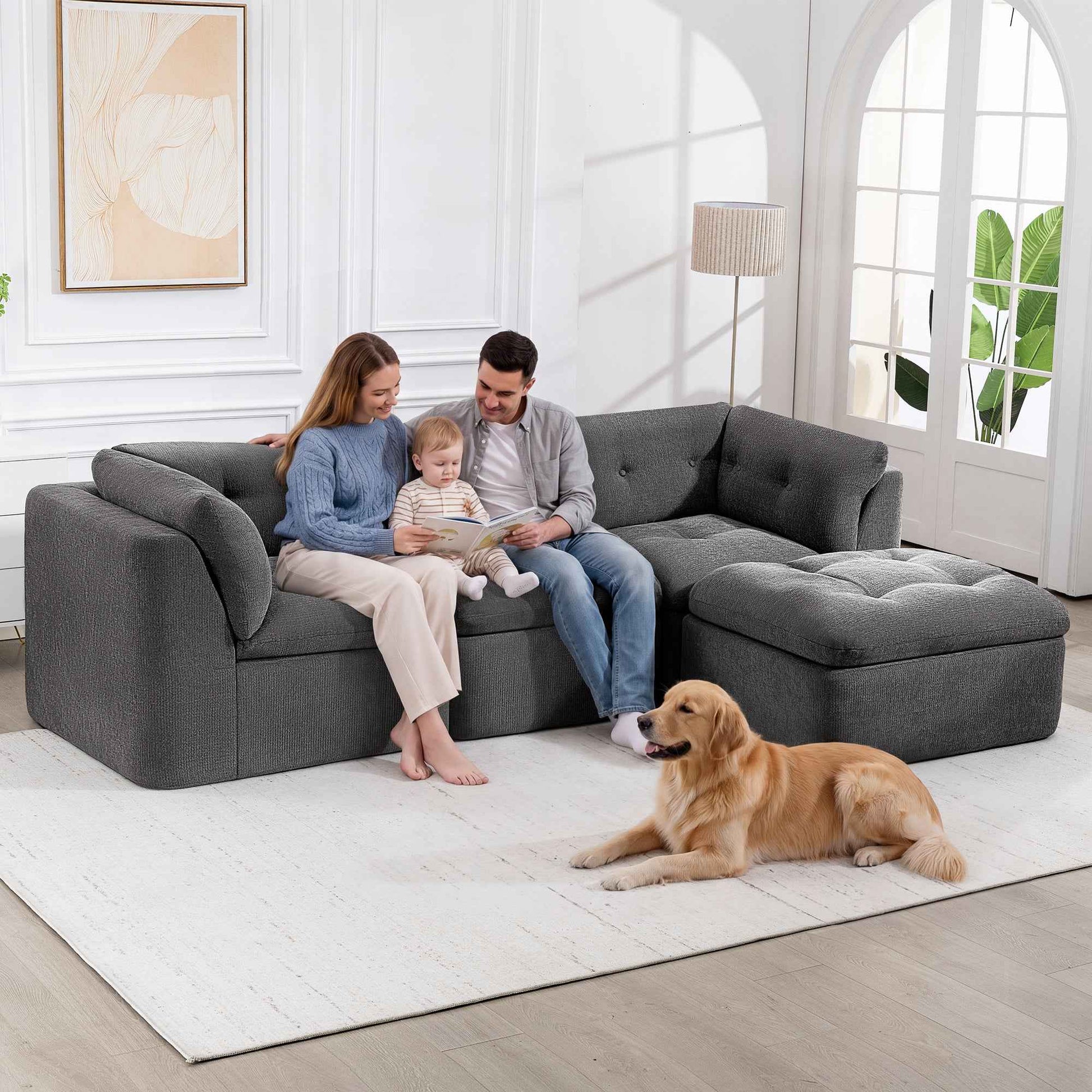 Modern Cloud-style Living Room Sofa, Deep Seat Convertible L-shaped Frame-free Sofa (with Ottoman), Oversized Comfortable 4-seater Chenille Fabric Compressed Sofa, Modular Sectional Sofa