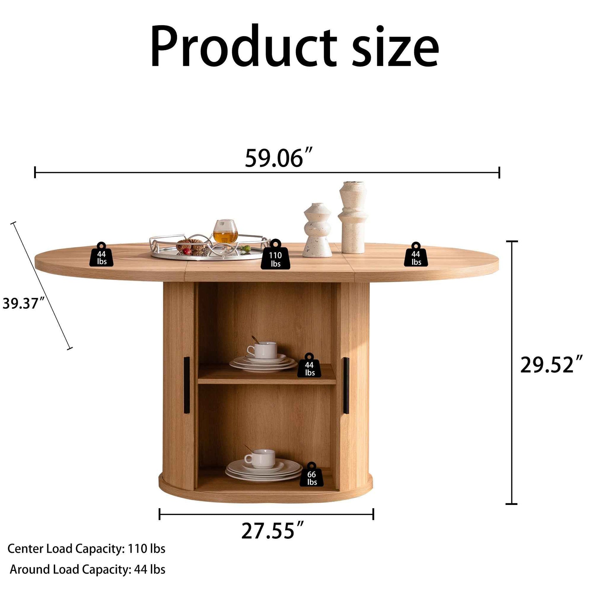 59 Inch Oval Dining Table for 4-6 Oval Table Kitchen Modern Oval Dining Room Table with 2-Layer Storage Shelf and Wood Slide Door Oval Kitchen Tables for Dining Room