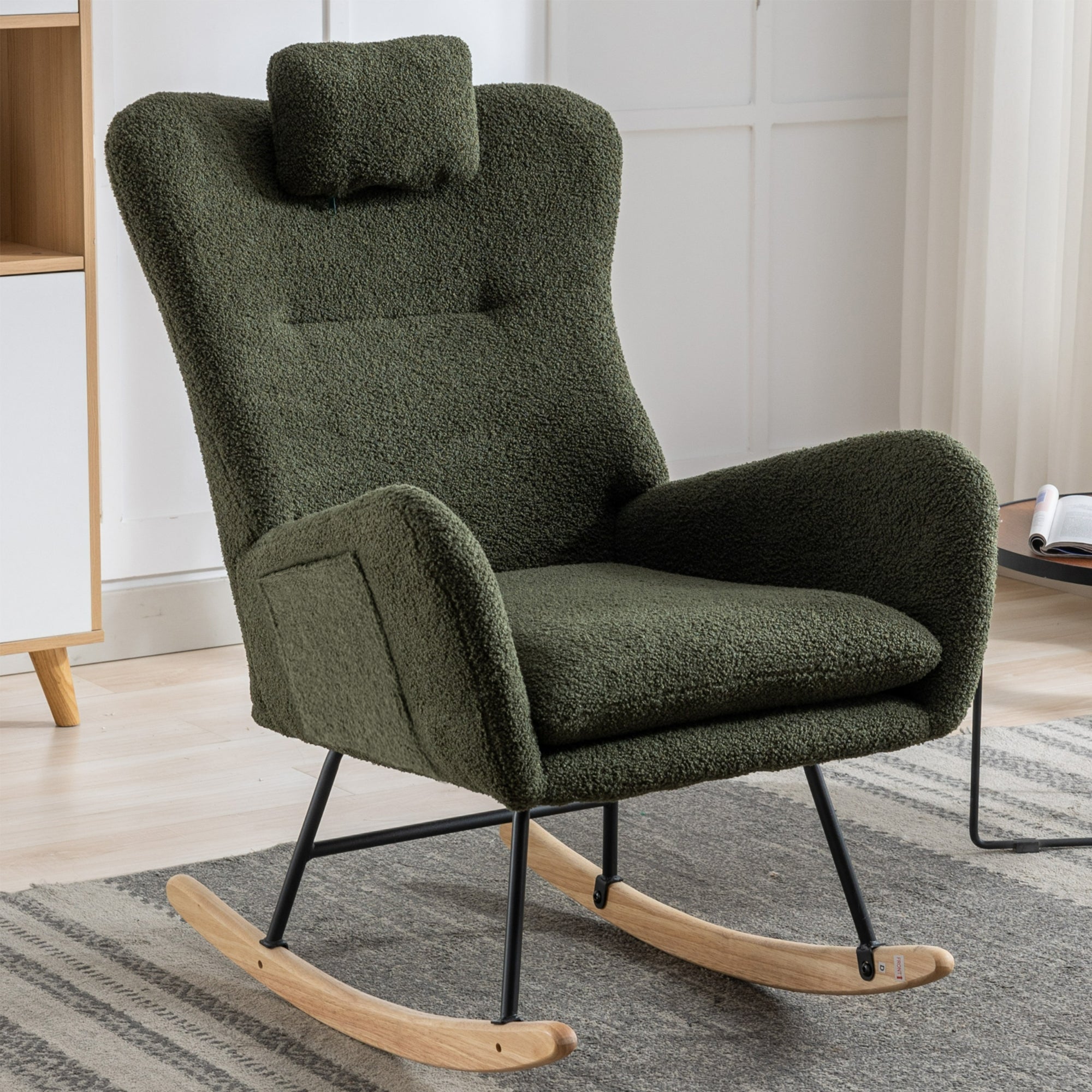 35.5 inch Rocking Chair with Pocket, Soft Teddy Fabric Rocking Chair for Nursery, Comfy Wingback Glider Rocker with Safe Solid Wood Base for Living Room Bedroom Balcony (dark green)