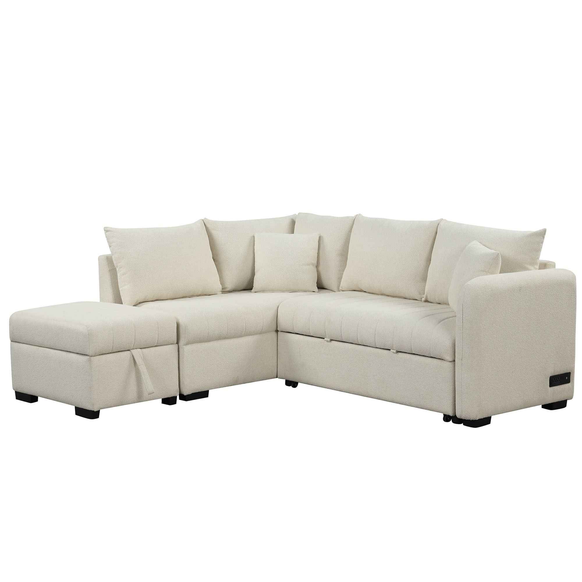 Modern L-shaped Sectional Pull Out Sofa Bed with USB Ports and Storage Ottoman, Beige, Jacquard Fabric, 82.6'