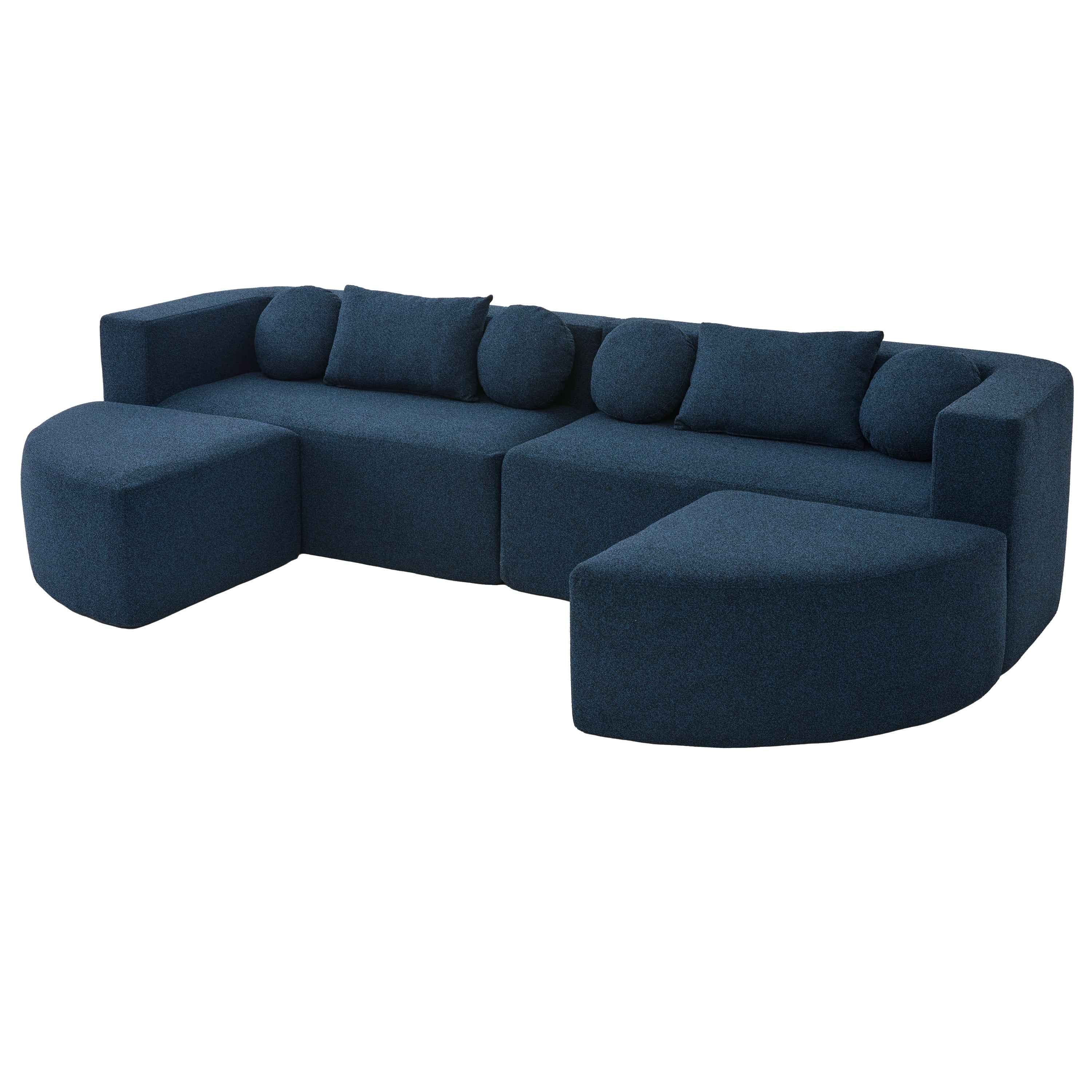 Boneless Couch Modular Sectional Sofa with Deep Seating and Curved Design in Blue Boucle, 114.9 Inches
