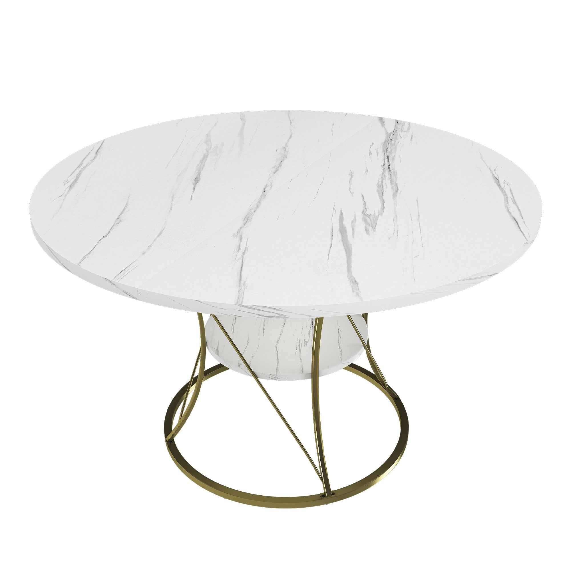 43 inch Round Extendable Dining Table for 4-6, Farmhouse Kitchen Table with Storage Shelf & Gold Metal Base, Marble Veneer Table from 43 to 59 inch, Large Round Table for Home (No Chairs)