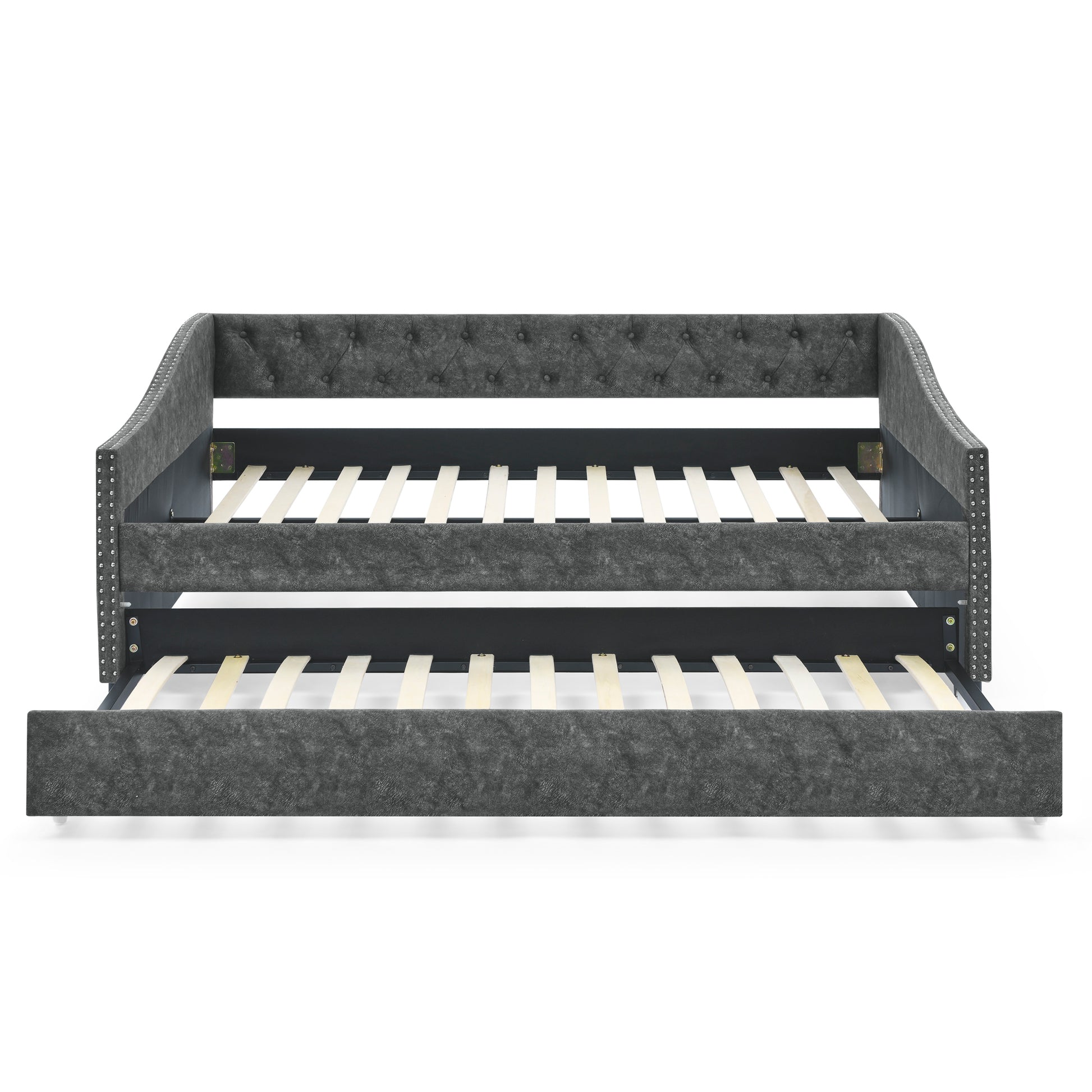 Full Size Daybed with Twin Size Trundle Upholstered Tufted Sofa Bed, with Button on Back and Copper Nail on Waved Shape Arms,Grey (80.5"x55.5"x27.5") - Abrihome