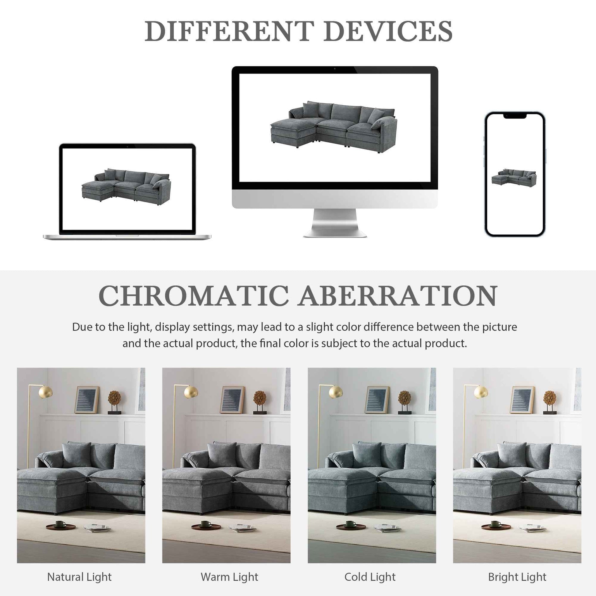Chenille Modular Sectional Sofa with Deep and Wide Seat in Dark Gray, L Shaped Cloud Couch Set with Double Cushions, 4 Seat Sofa with Movable Ottoman