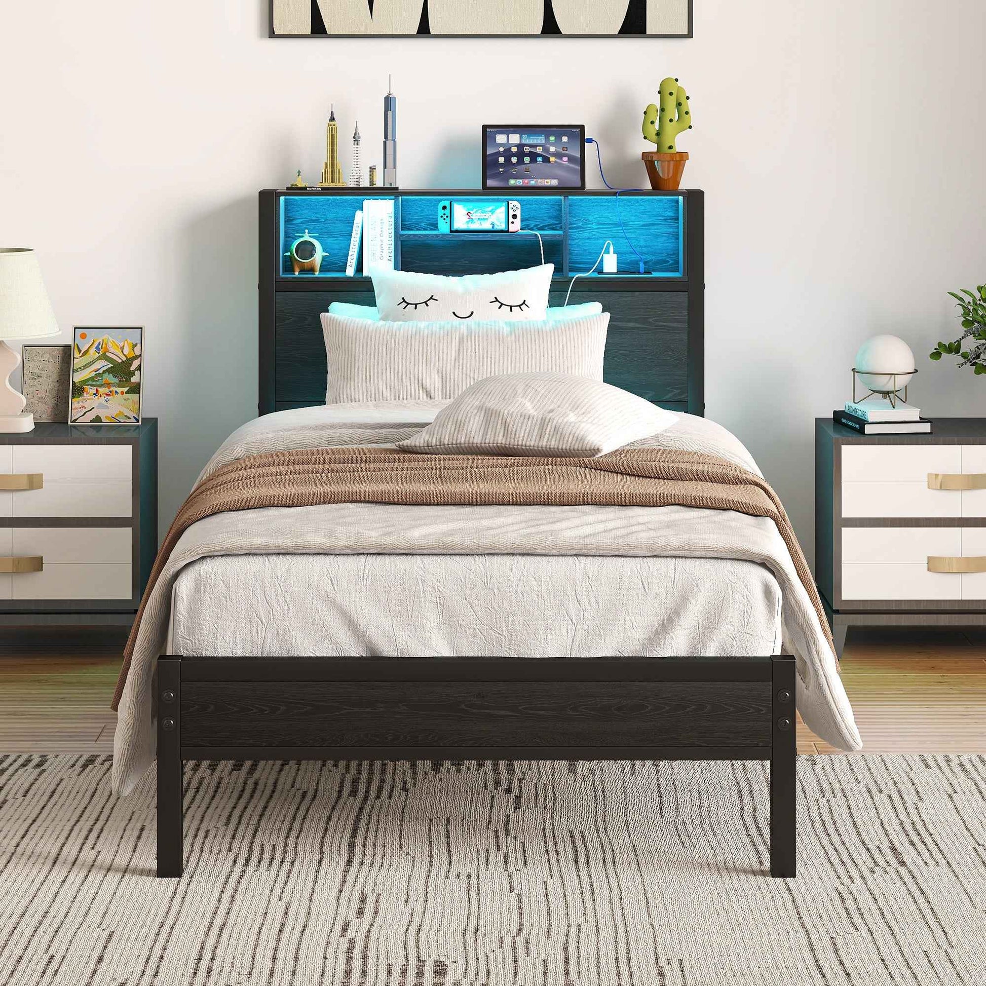 Twin Size Bed Frame with Storage Headboard, Metal Platform Bed with Charging Station, Bookcase Storage, Easy Assembly
