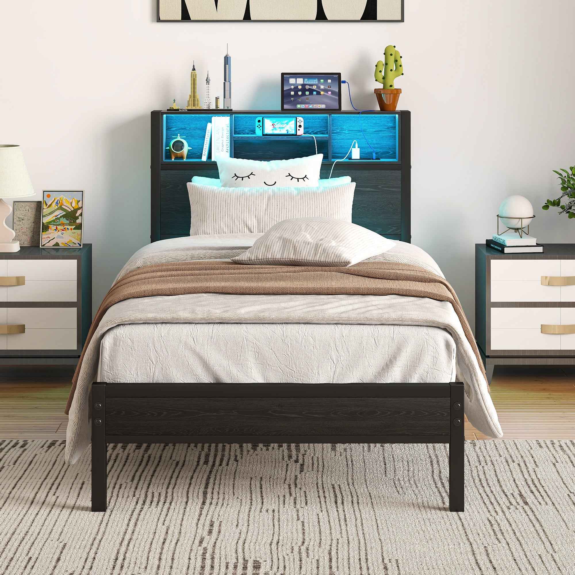 Twin Size Bed Frame with Storage Headboard, Metal Platform Bed with Charging Station, Bookcase Storage, Easy Assembly