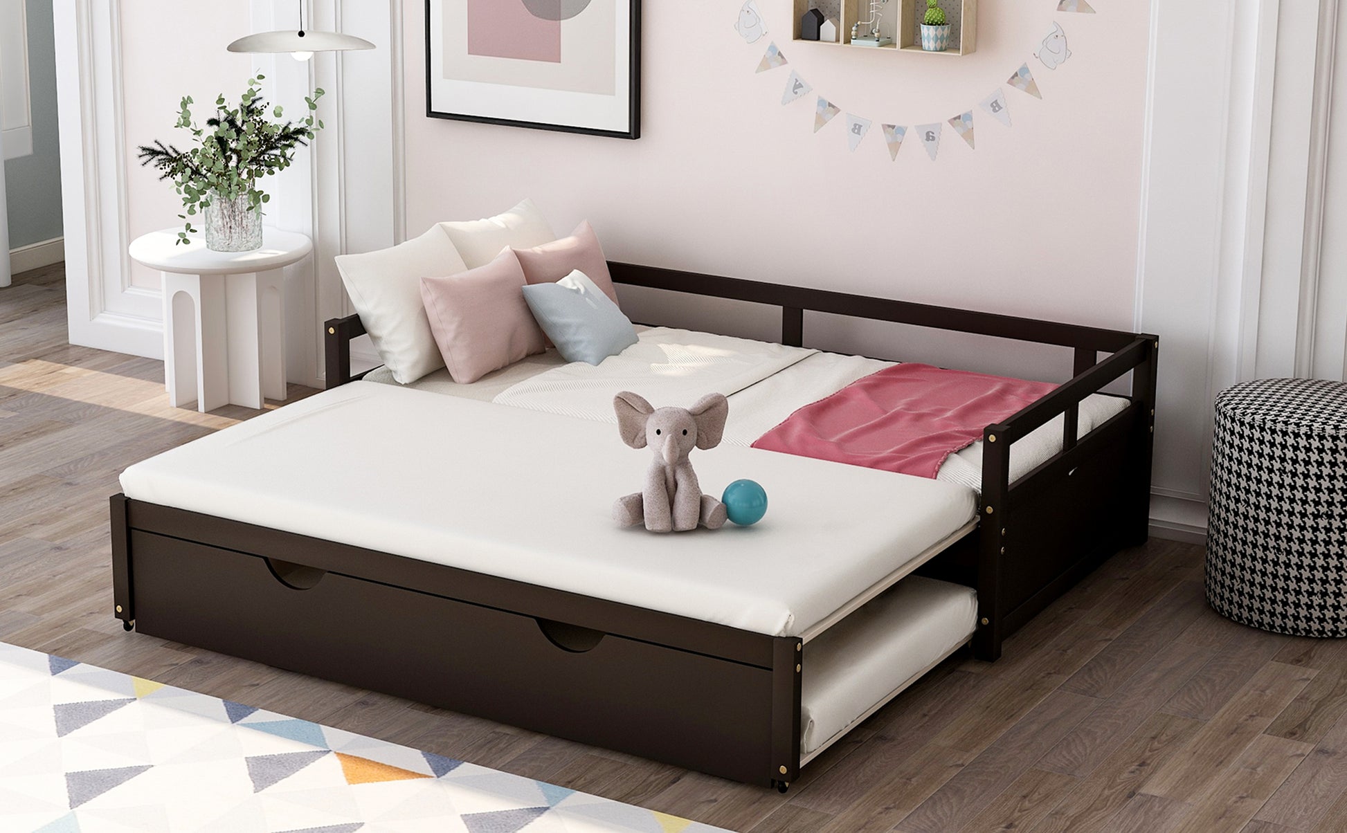 Extending Daybed with Trundle, Wooden Daybed with Trundle, Espresso - Abrihome