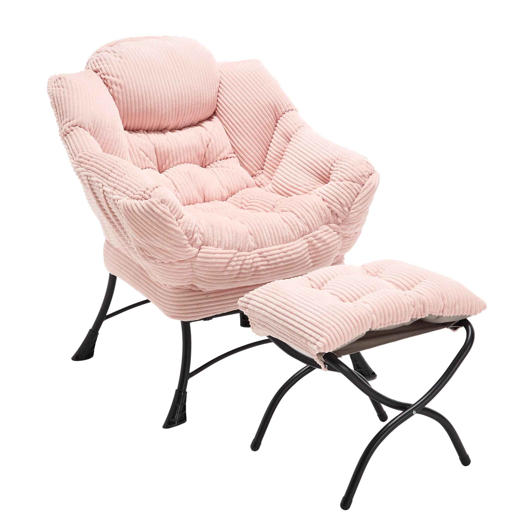 Lazy Chair with Ottoman, Modern Lounge Accent Chair with Armrests and a Side Pocket, Leisure Upholstered Sofa Chair Reading Chair with Footrest for Small Space, Corner Chair-Pink