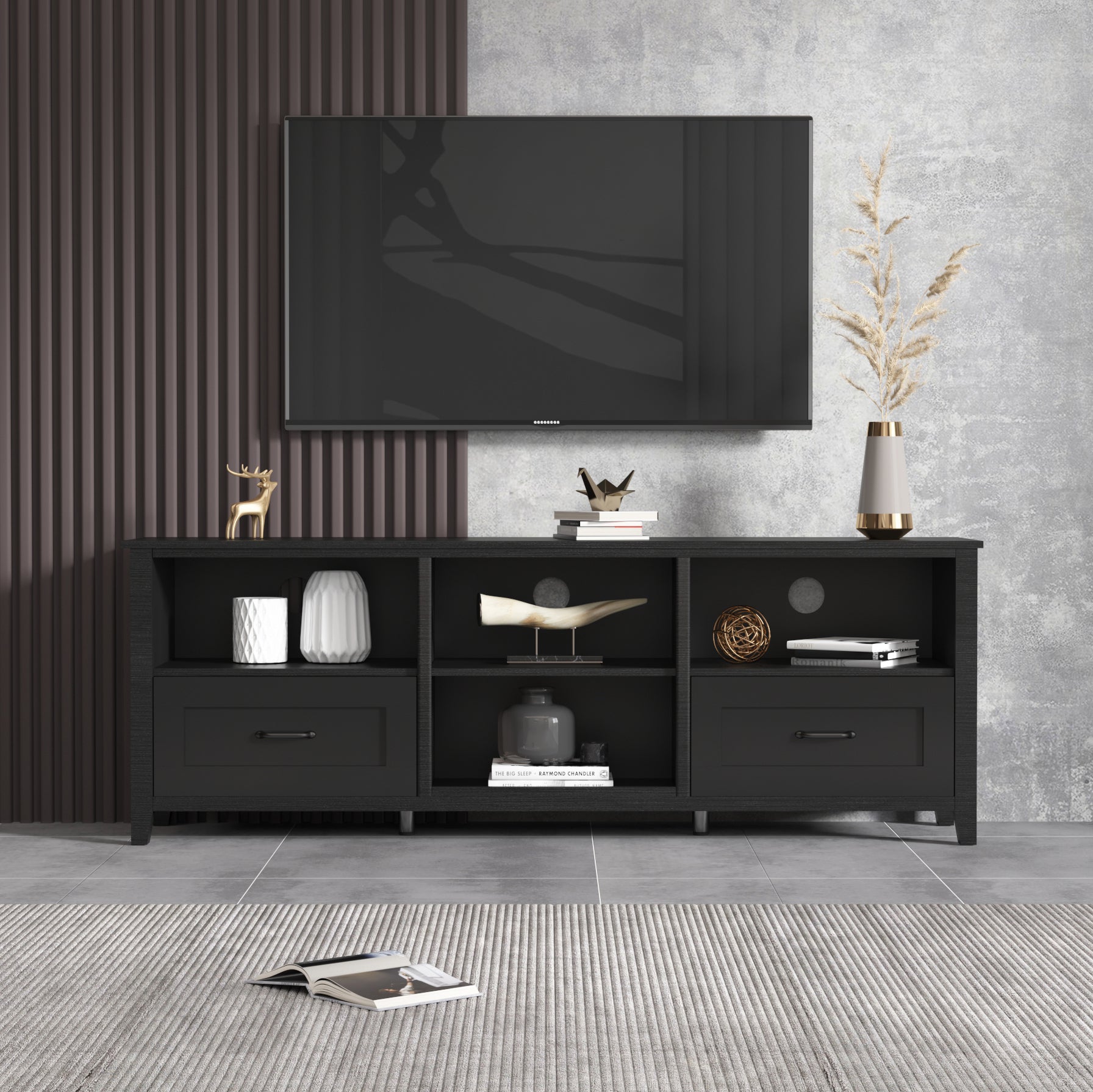 70.08 Inch Length Black TV Stand for Living Room and Bedroom, with 2 Drawers and 4 High-Capacity Storage Compartment.