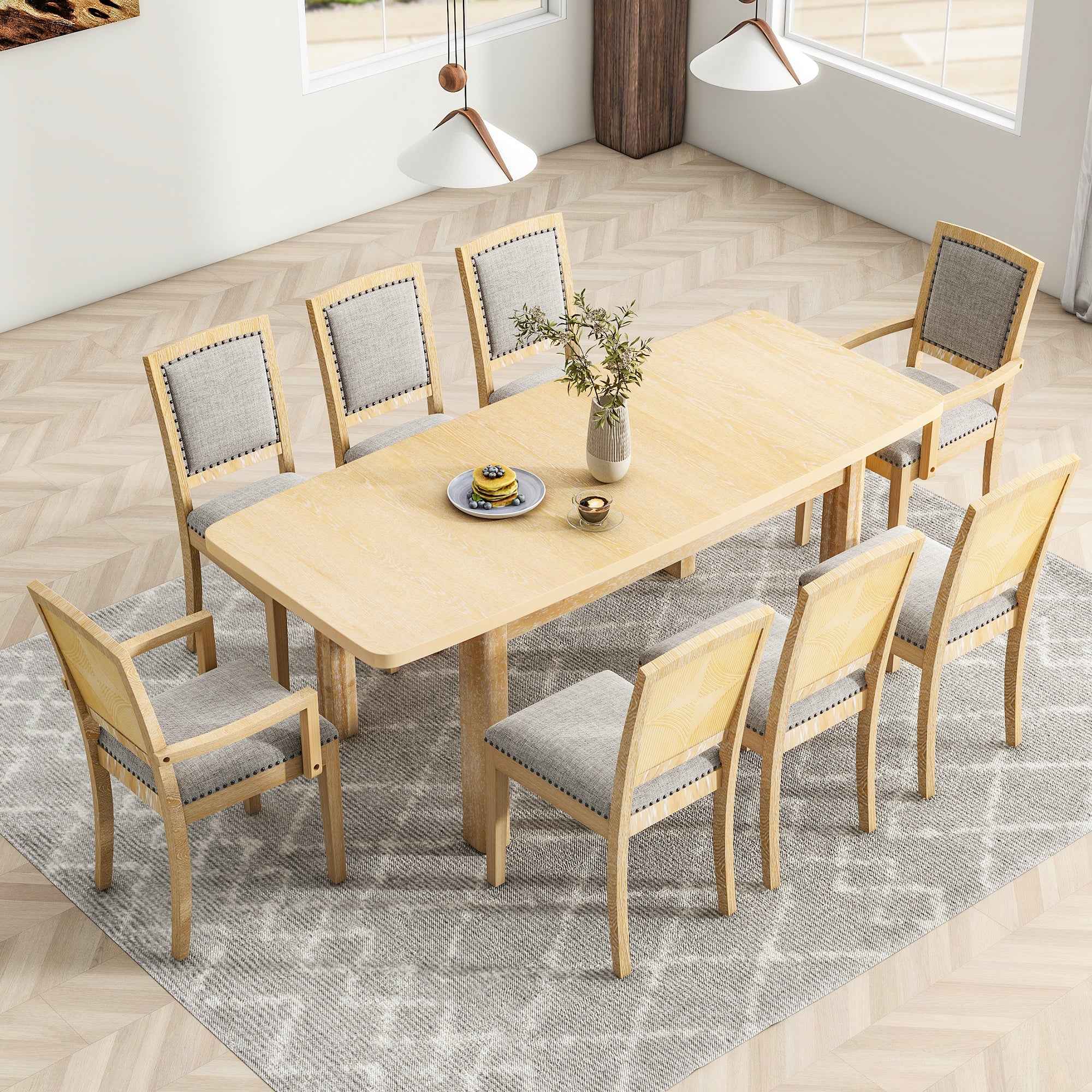 TOPMAX Rustic Extendable Dining Table Set with Removable Leaf, 6 Upholstered Armless Dining Chairs and 2 Padded Arm Chairs, Natural