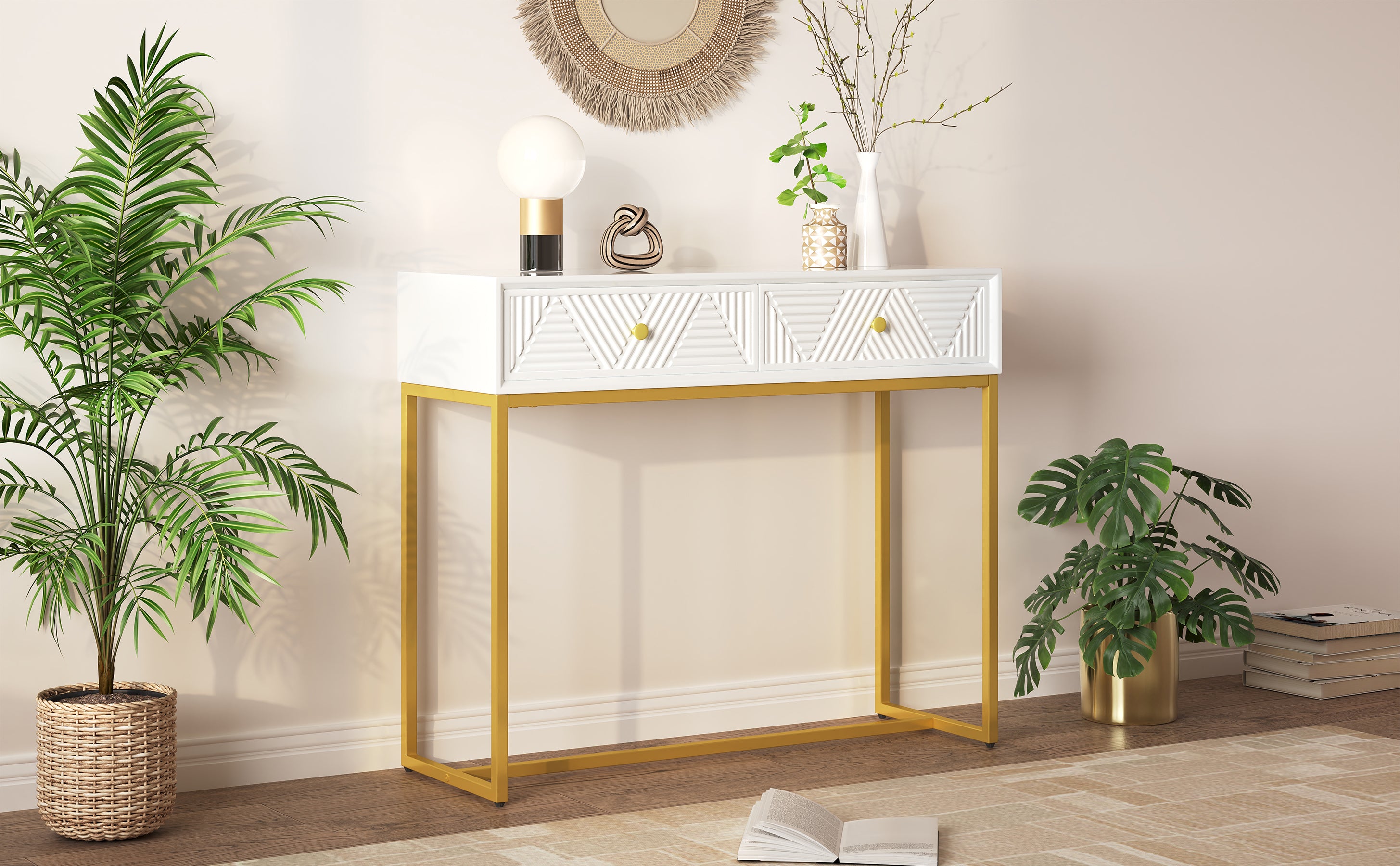 TREXM Modern Sleek Console Table Two Drawers with Stripe Design for Living Room and Entryway (White)