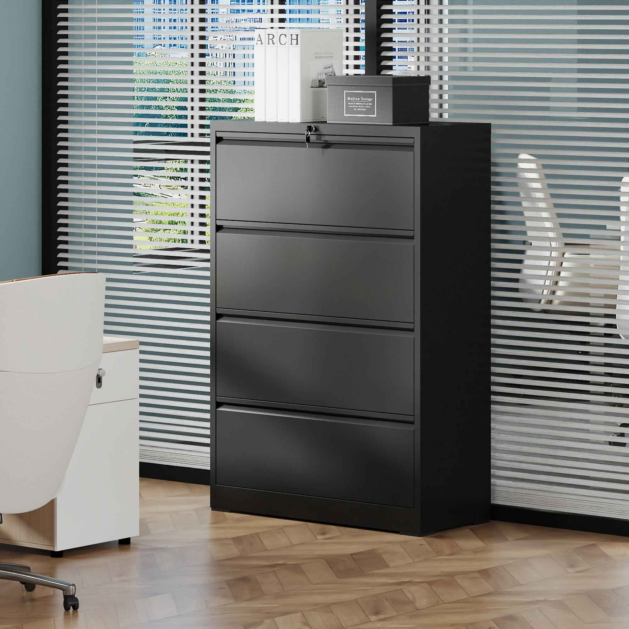 4 Drawer Lateral File Cabinet, Heavy Duty Metal Filing Cabinet in Black, Eco-Friendly Cold-Rolled Steel, 35.4 Inch Wide for Home Office, Holds Letter/Legal/A4 Files