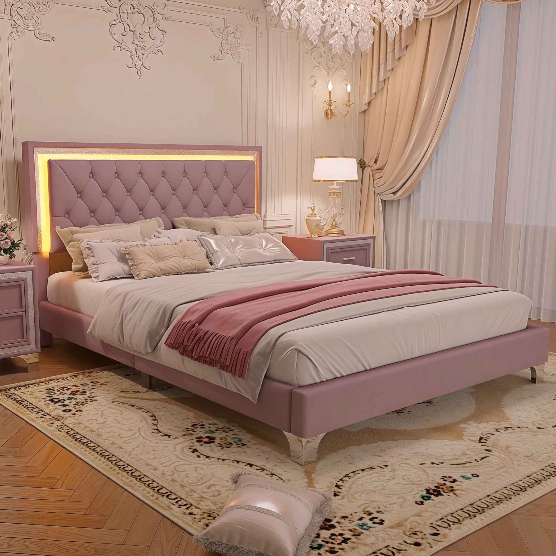 Queen Size Upholstered Bed Frame with LED Lights,Modern Velvet Platform Bed with Tufted Headboard,Pink