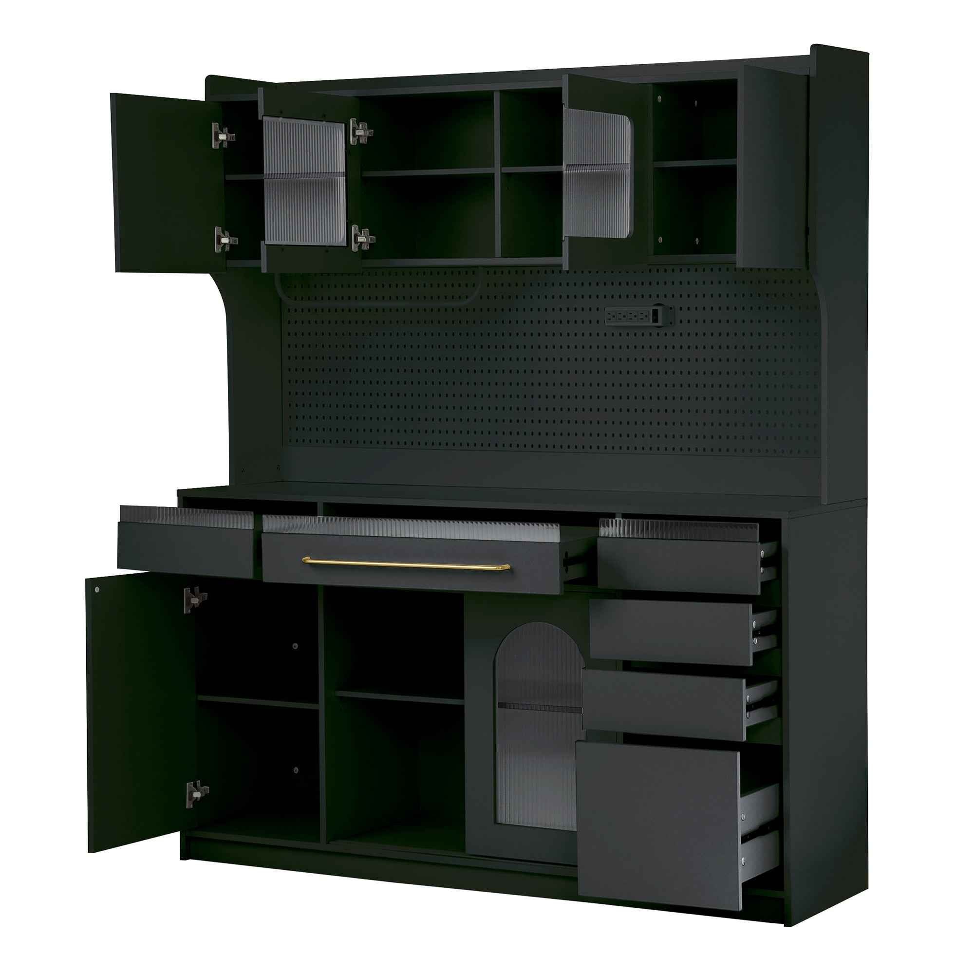 (Assembly Video Offered) TOPMAX Freestanding 63'' W Buffet with Hutch, Large Coffee Bar Storage Cabinet with 6 Drawers, 5 Cabinets with Adjustable Shelves,Pegboard,Towel Rack, Power Outlet,Black