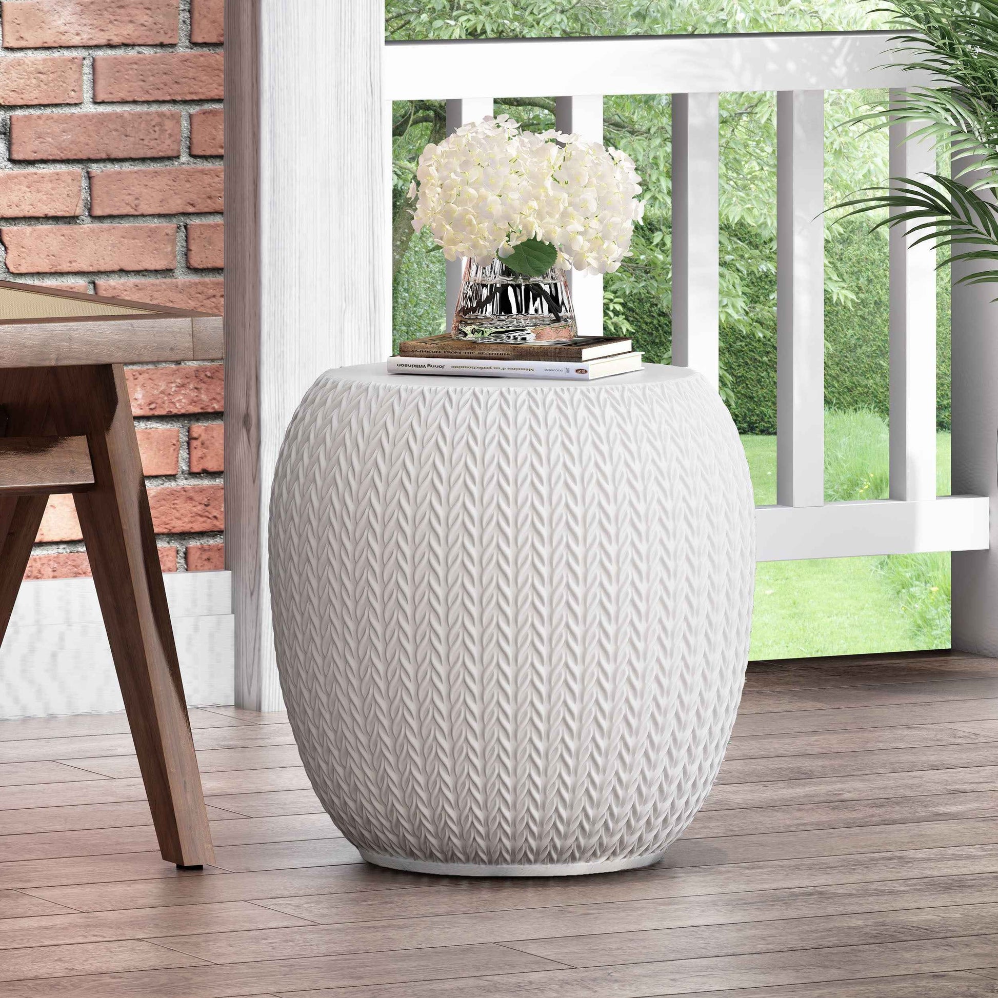 Elegant Outdoor Lightweight Concrete Side Table with Braided Pattern in Antique White