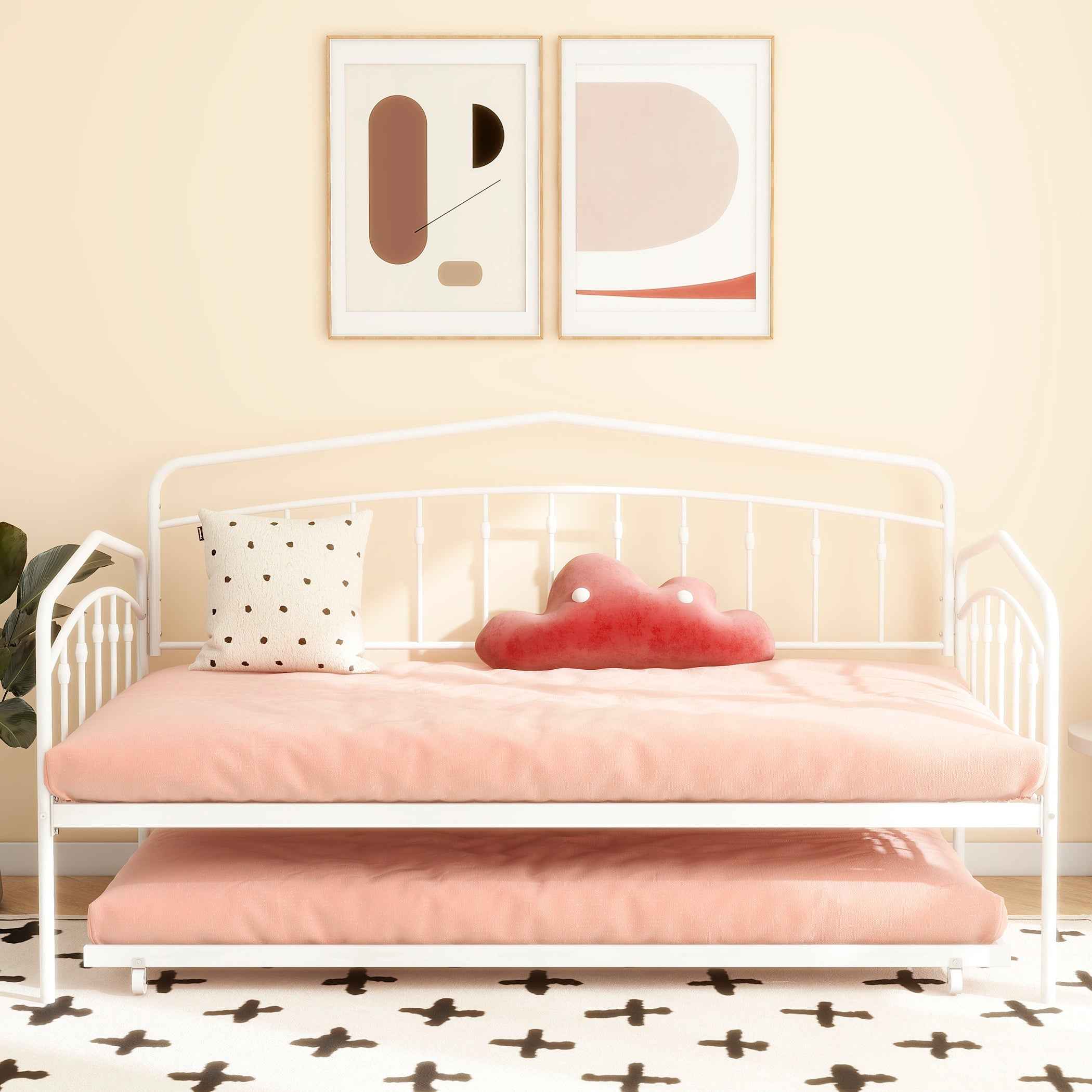 Fox Twin Metal Daybed with Trundle Bed Frame Set, Easy Assembly, Space Saving, Heavy Duty Metal Slat Support, Sofa Bed for Living Room, Bedroom, Guest Room, Kids Room, White