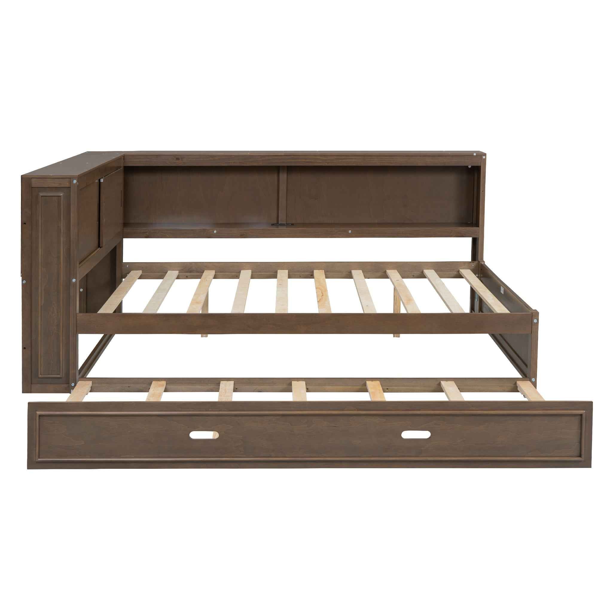 Full Size Wood Daybed with Storage Shelves, USB, LED, and Trundle in Antique Wood Color, Solid Pine Wood+MDF, 86.2''L x 65.7''W x 37.7''H