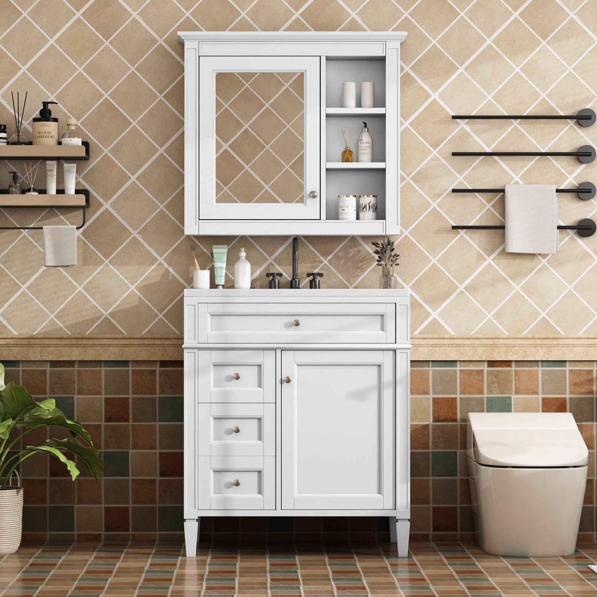 Modern 30'' Bathroom Vanity with Top Sink, White Freestanding Storage Cabinet with 2 Drawers and Tip-out Drawer, Mirror Cabinet Combo, Solid Wood + MDF Frame, Ceramic Undermount Sink