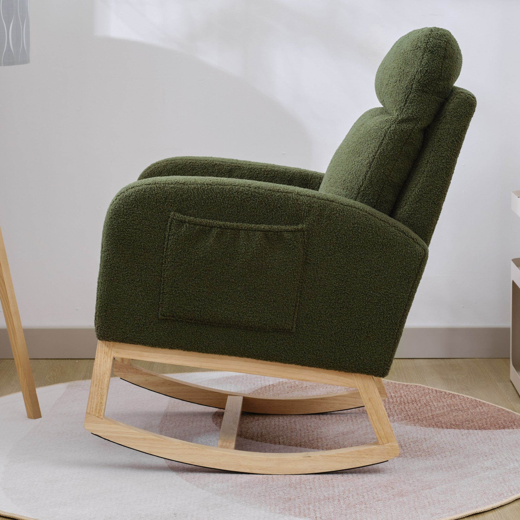 Modern Accent Rocking Chair Rocking Chair with Solid Wood Legs, Upholstered Nursery Glider Rocker, Comfy Armchair with Side Pocket, Living Room Lounge Arm Chair with High Backrest (Dark green,teddy)