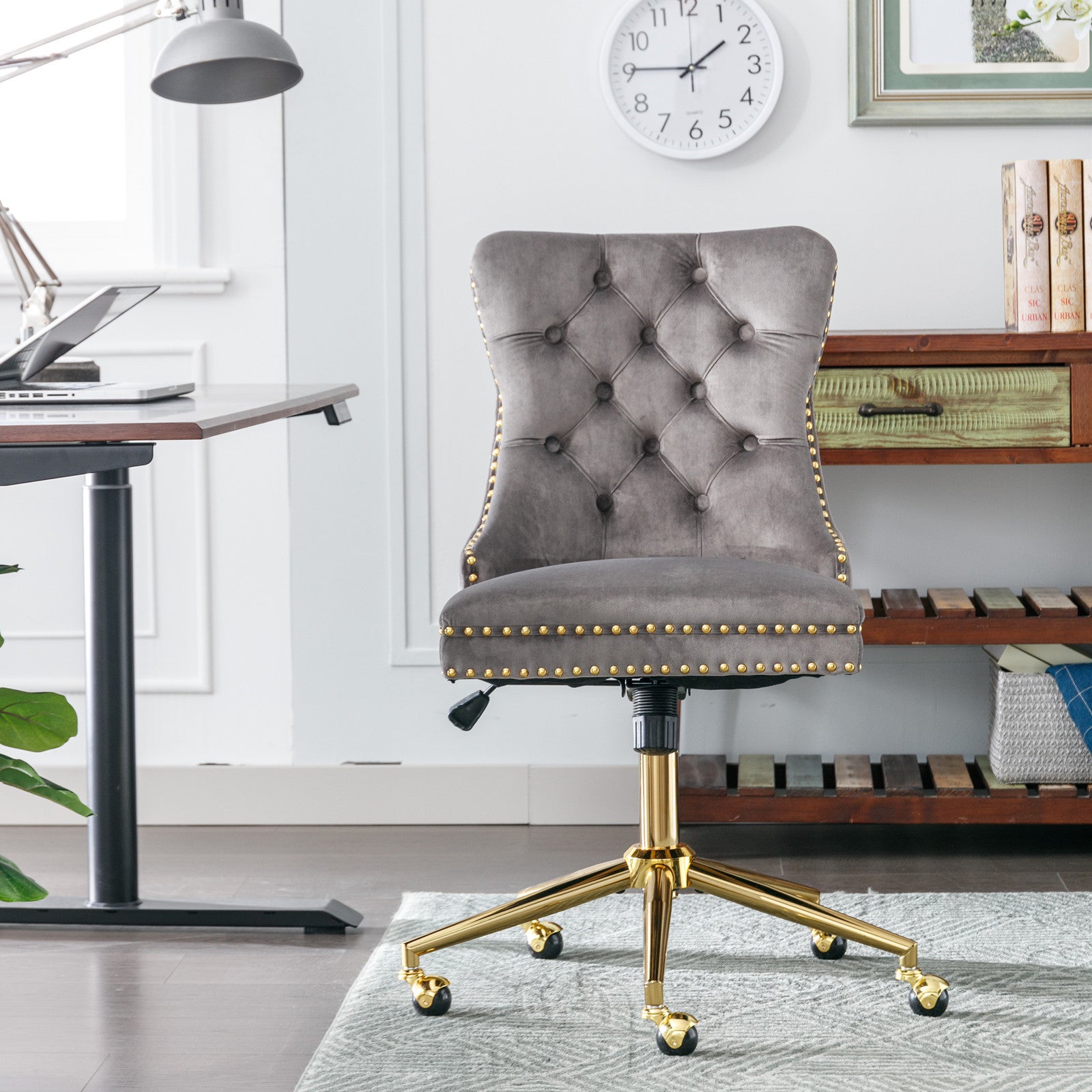 A&A Furniture Office Chair,Velvet Upholstered Tufted Button Home Office Chair with Golden Metal Base,Adjustable Desk Chair Swivel Office Chair (Gray)