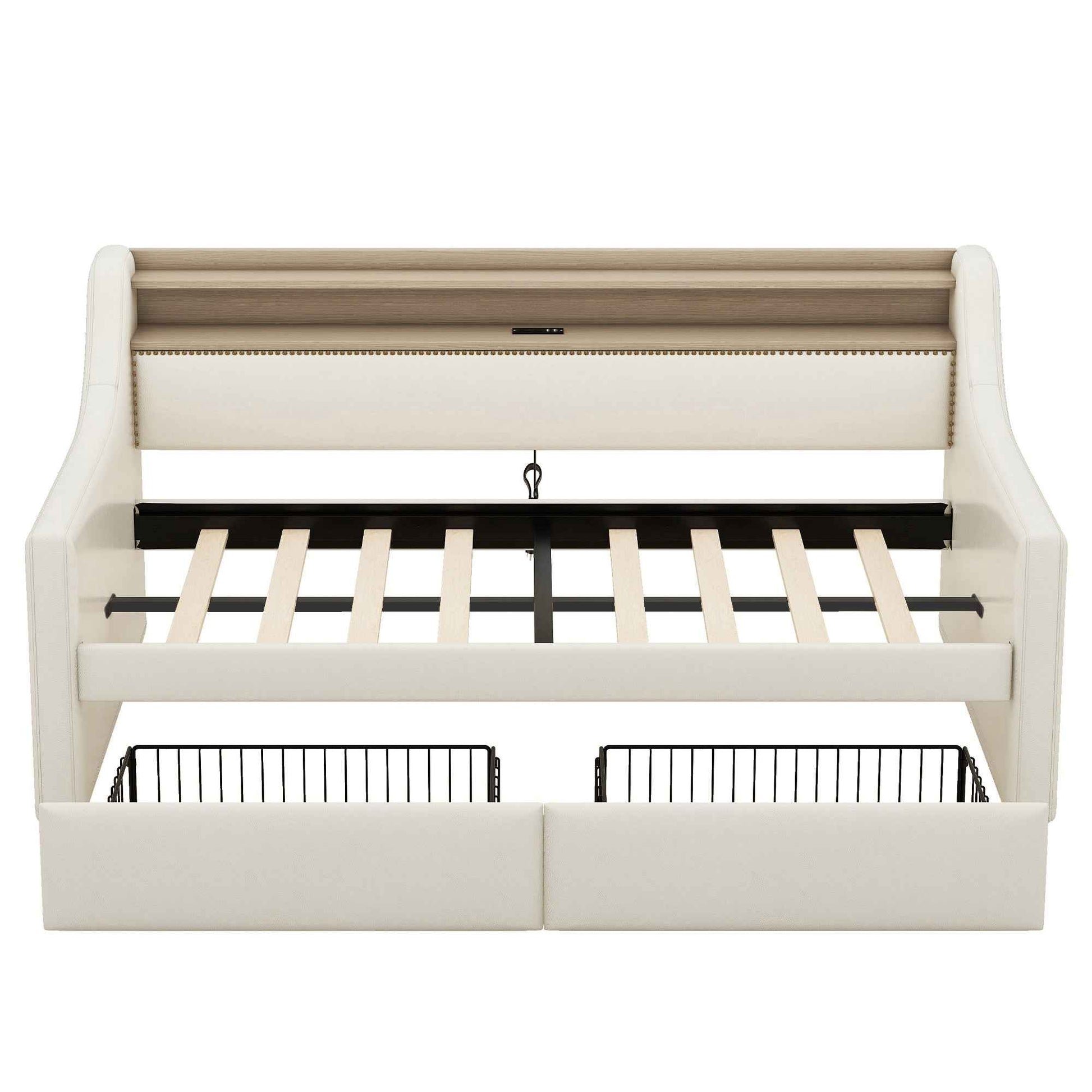 Twin Size Daybed with Storage Drawers, Upholstered Daybed with Charging Station and LED Lights, Beige (Old Item W1580S00022)