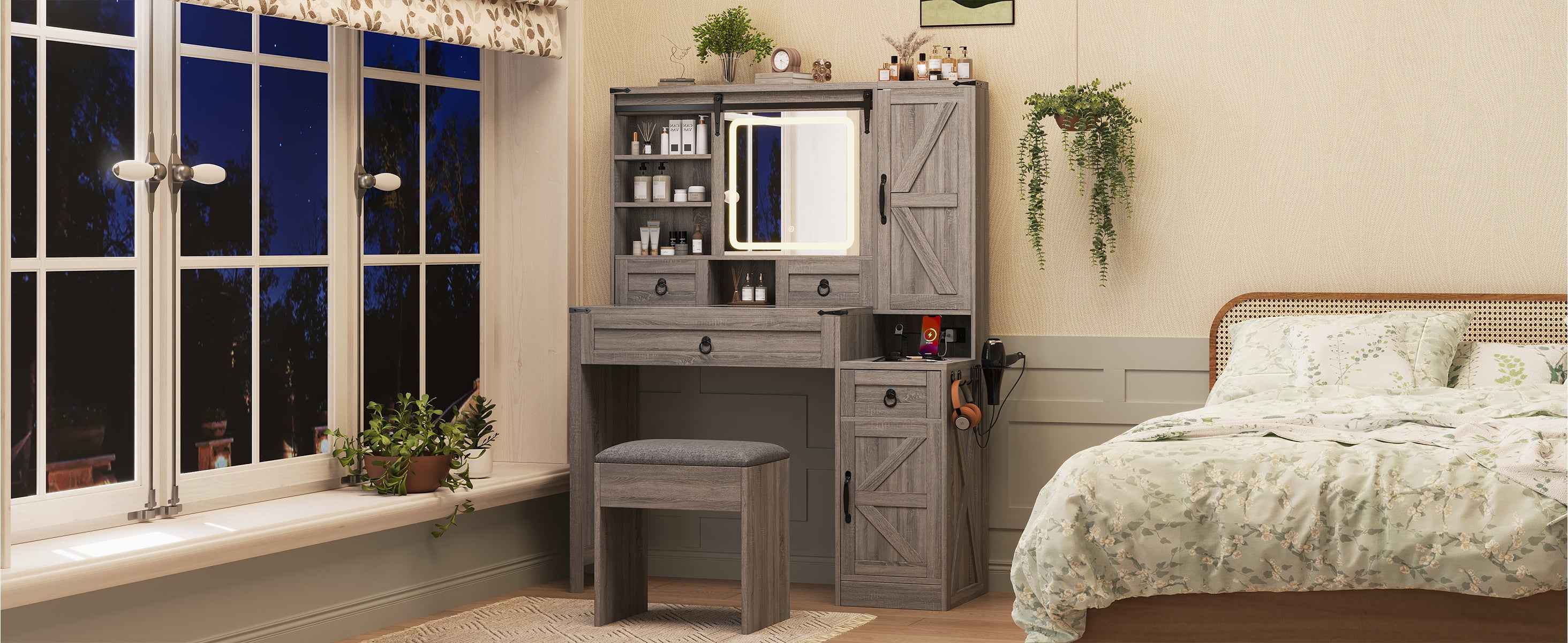Farmhouse Vanity Desk with Sliding Mirror and Lights, Vanity Set with Glass Top and Charging Station ,Dressing Table with 4 Drawers and 2 Cabinets, Dressing Table with Stool for Bedroom, Gray