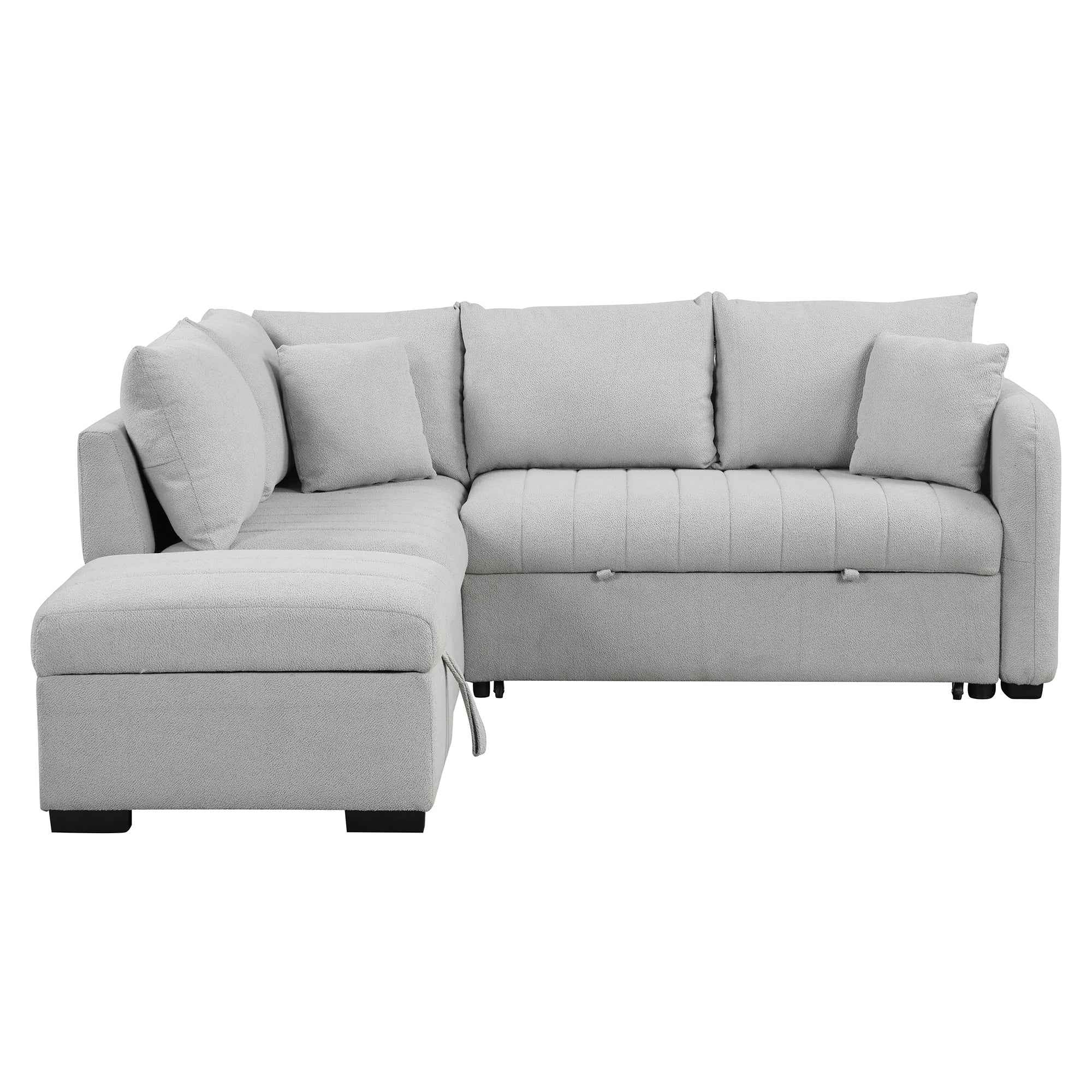 Modern L-shaped Sectional Pull Out Sofa Bed with USB Ports & Storage Ottoman, Gray Jacquard Fabric, 82.6'