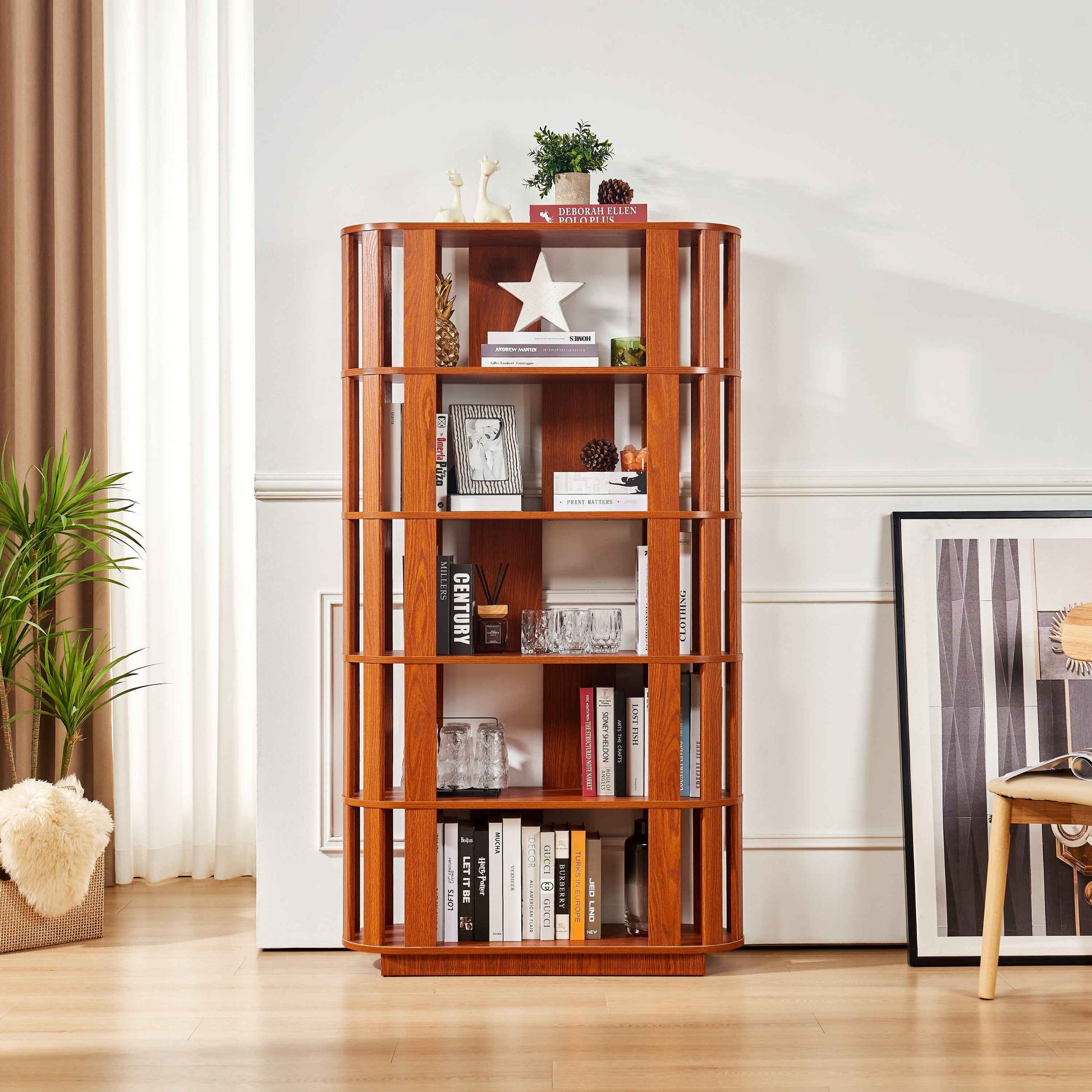 Wooden Oval Open Bookshelf, MDF Grid Frame Freestanding Bookcase, 5-Tier Easy Assembly Storage Display Rack for Living Room Home Office Decor, DIY Free Combination Storage Cabinet Study Room
