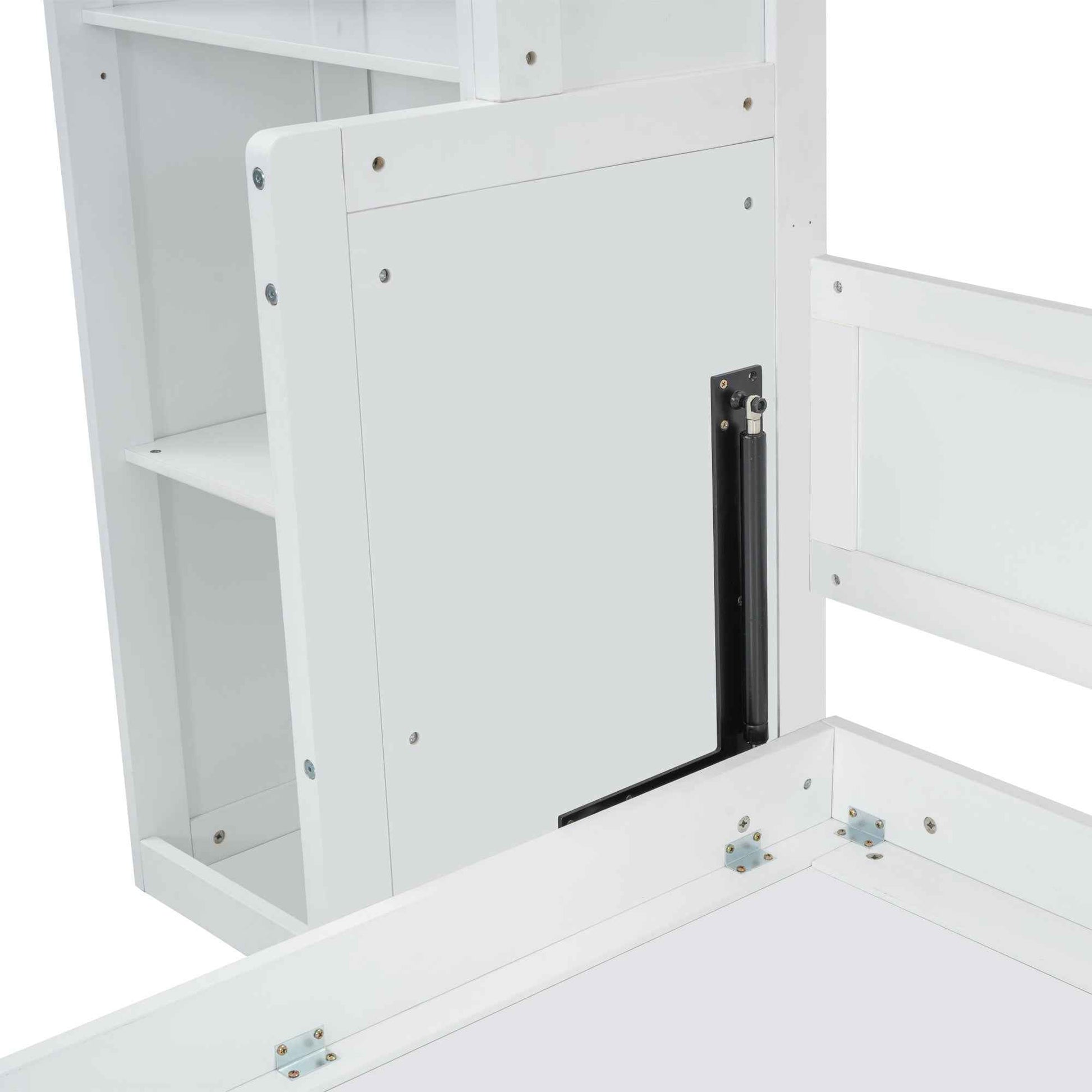 White Queen Size Murphy Bed with Desk and Bookshelf, Pine Wood + MDF, 116.9''L x 84.6''W x 86.8''H