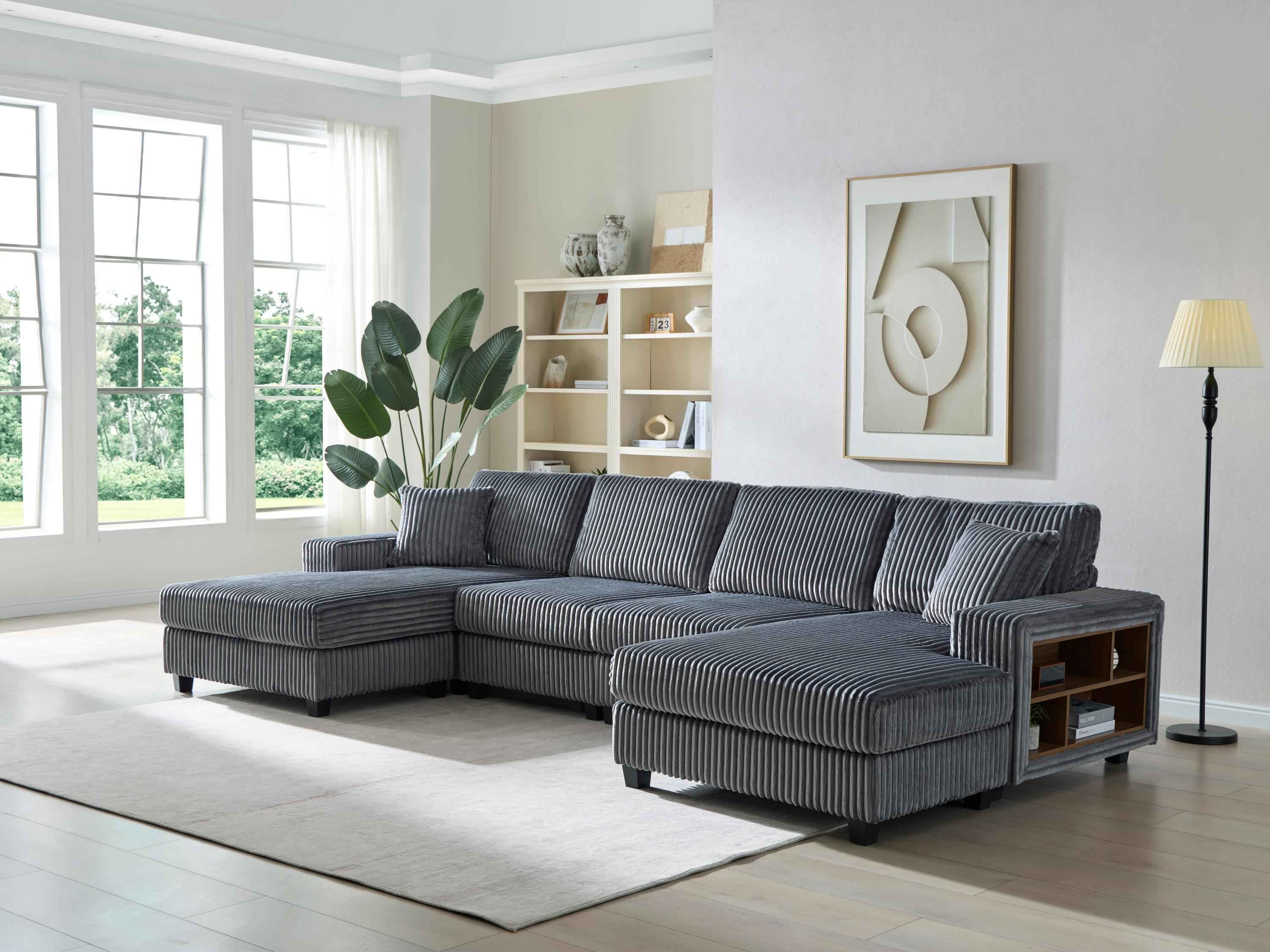 Convertible U-shaped Combination Sofa, Corduroy Fabric, Modern Comfortable Large Size 4 Seat Sofa, Living Room Double Lounge Chair , Dark Grey