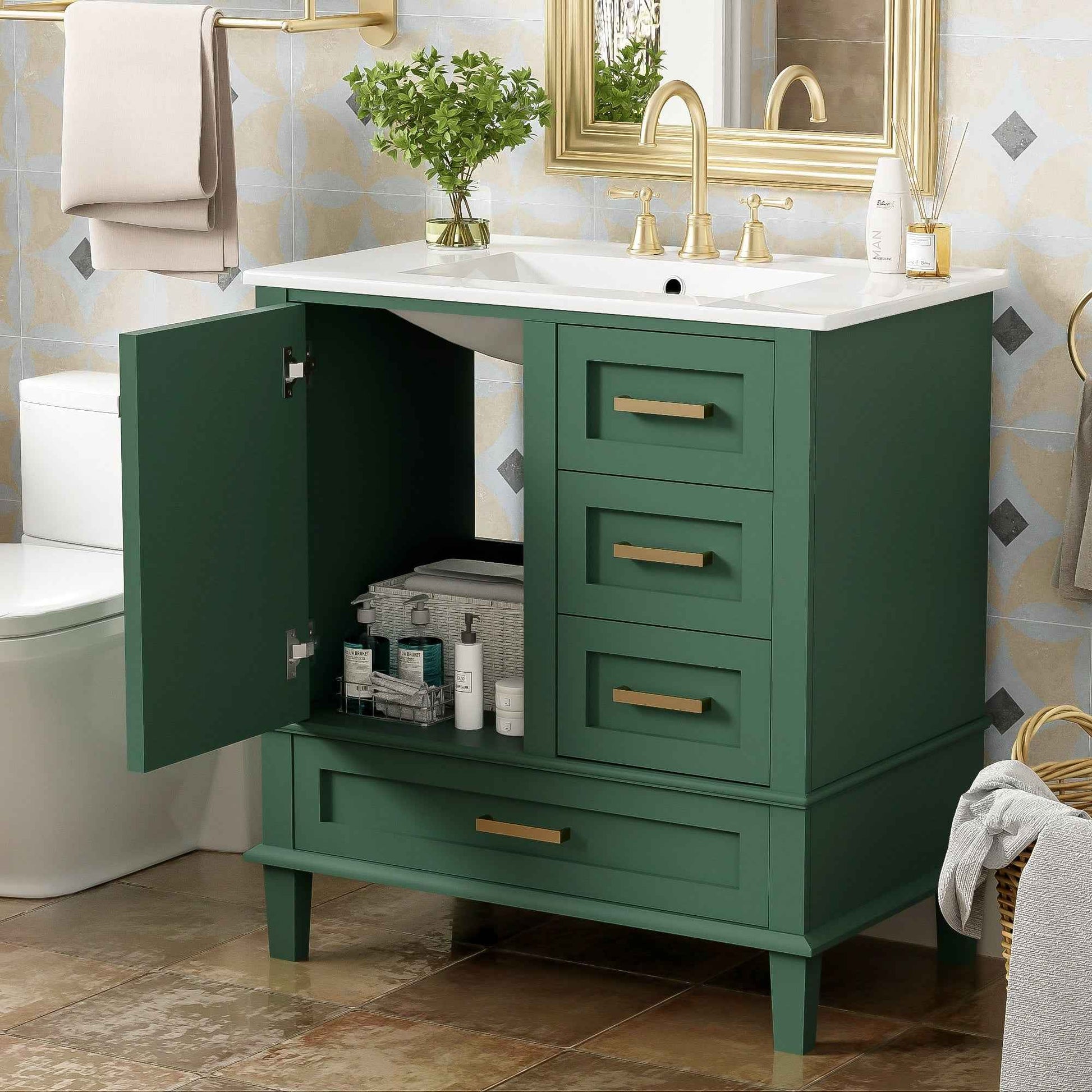 Modern Bathroom Vanity with Sink Combo Set, Solid Wood Frame, Green, 30 Inches