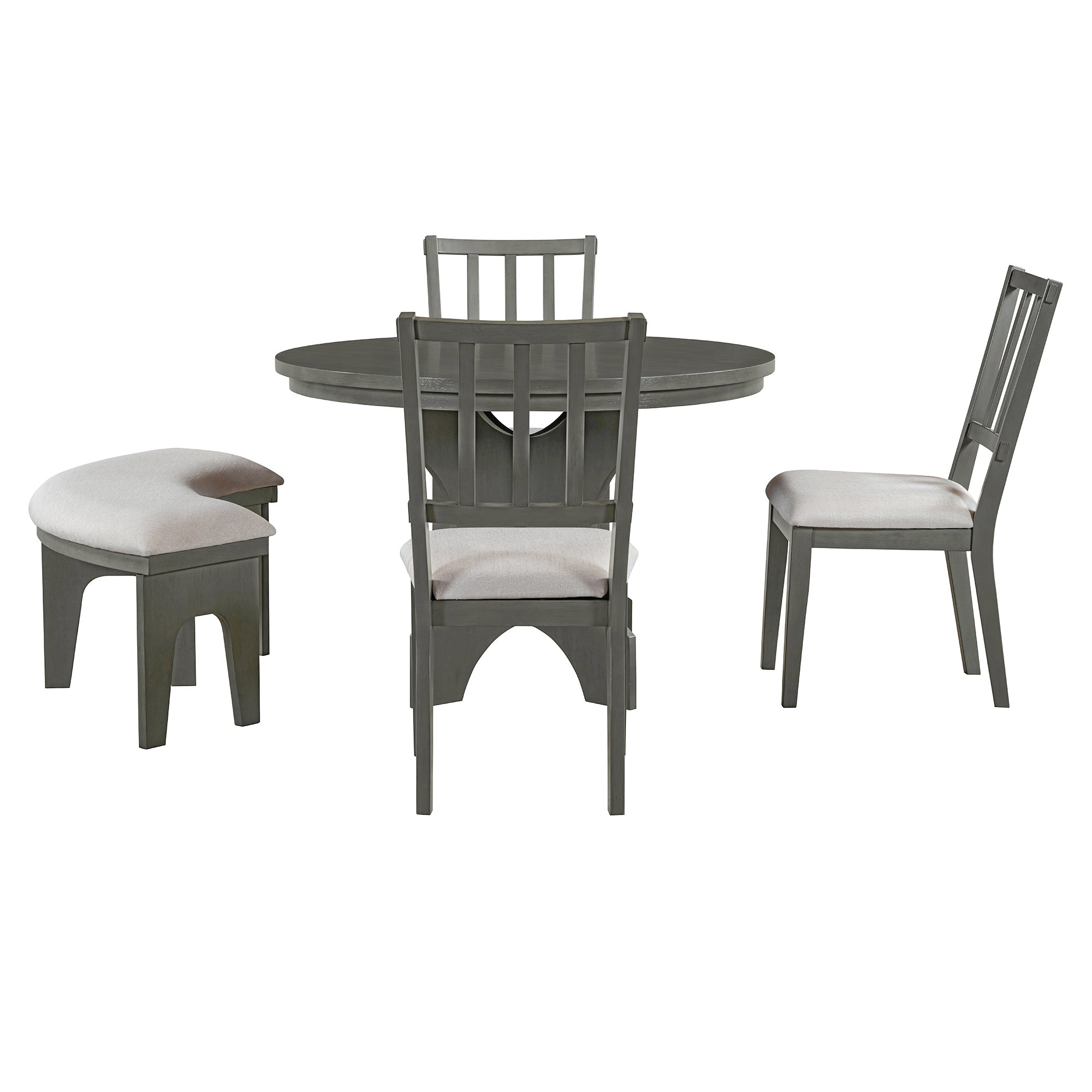 TREXM 5-piece Rustic Charm Round Dining Set with 3 Upholstered Chairs and Curved Bench for Dining Room, Kitchen and Living room (Gray)