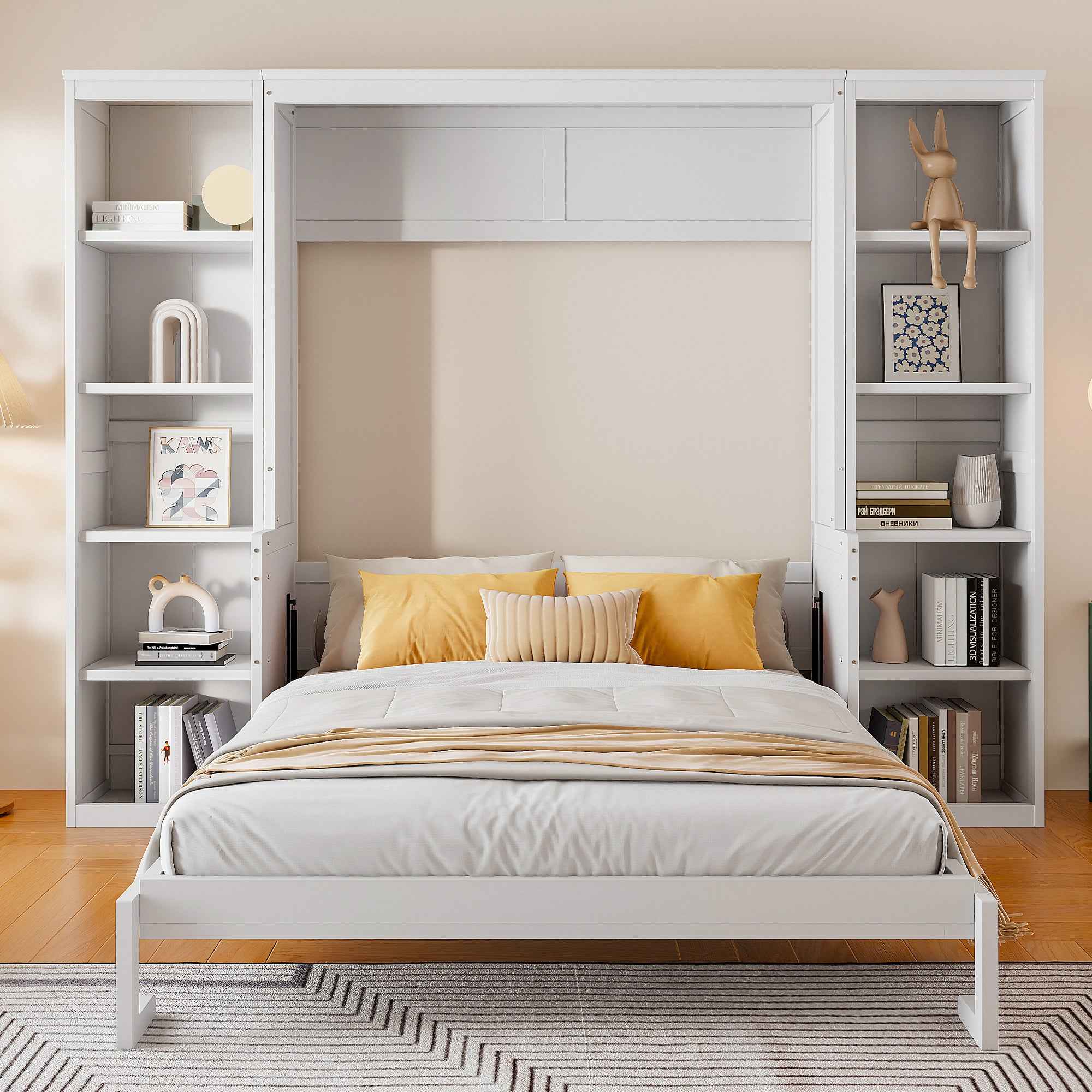 White Queen Size Murphy Bed with Desk and Bookshelf, Pine Wood + MDF, 116.9''L x 84.6''W x 86.8''H