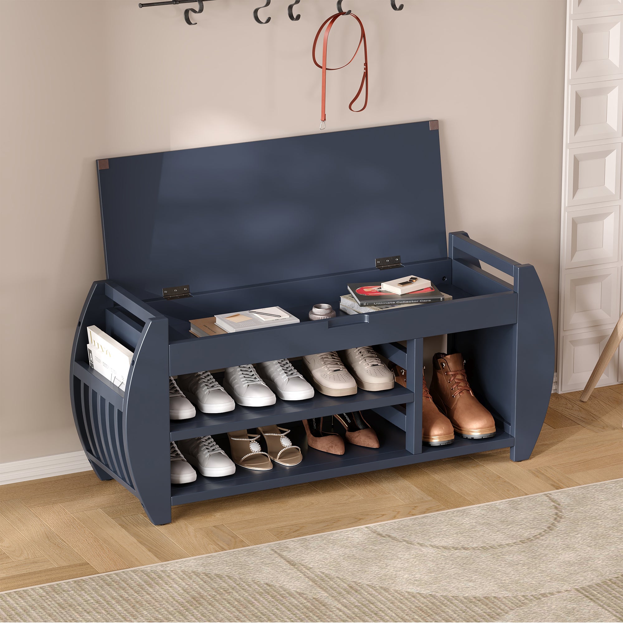 TREXM Retro Multifunctional Storage Bench with Cushion and Curved Side Panel for Entrance and Living Room (Antique Navy)