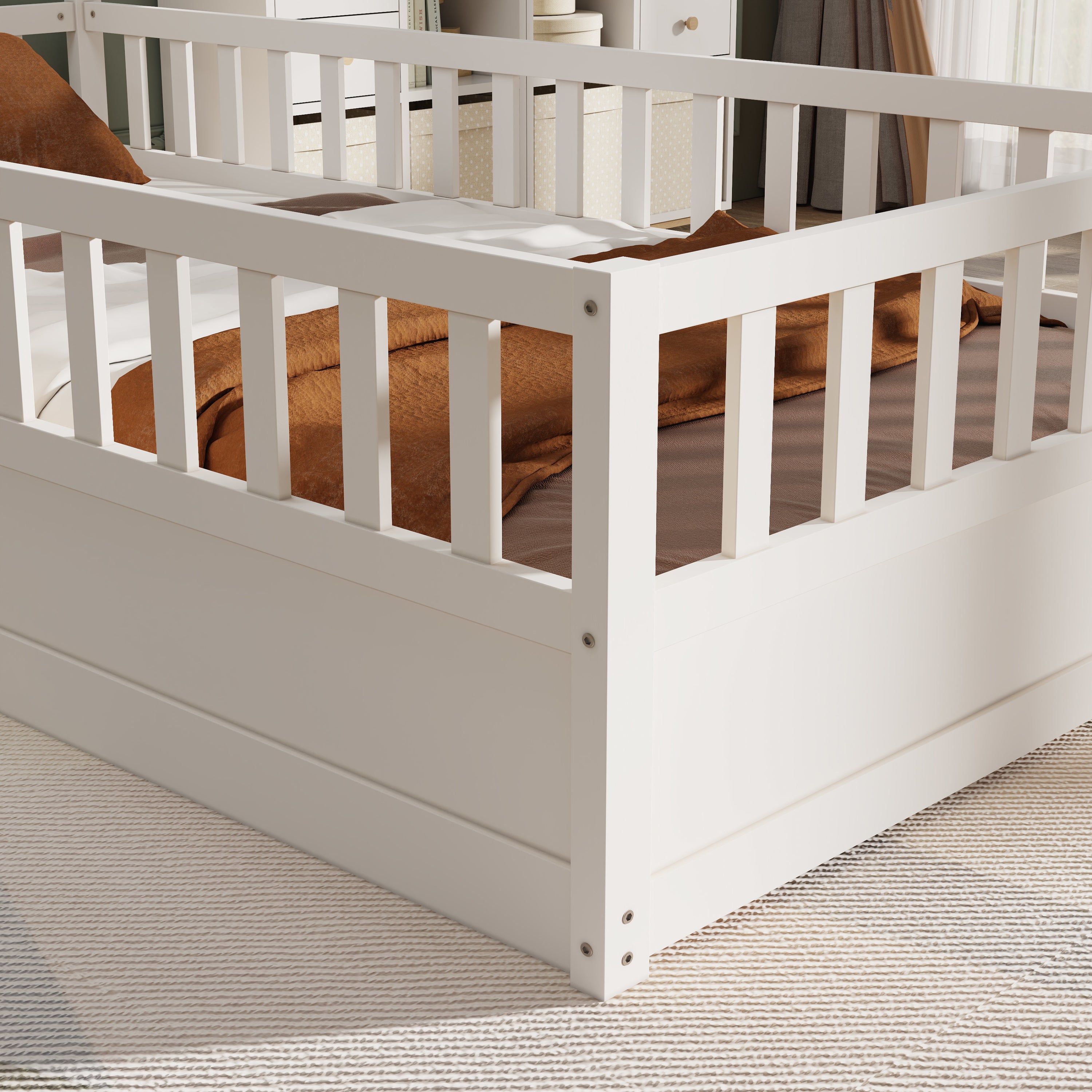 Twin Size Floor bed, integral construction with super high security barrier, door, children's floor bed frame, Montessori wooden children's floor bed, white