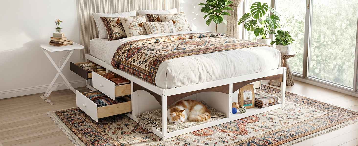 King Bed Frame with Storage Drawers, No Headboard Platform Bed, Pet-Friendly Design, No Box Spring Needed, Modern Minimalist Style-White