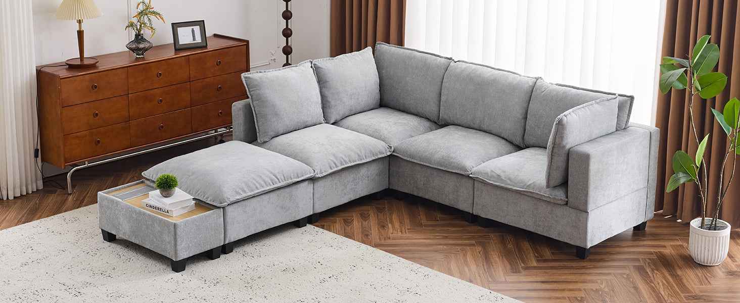 Modular 90' U-shaped Sectional Sofa with Movable Ottoman and Hidden Charging Coffee Table, Grey, Chenille