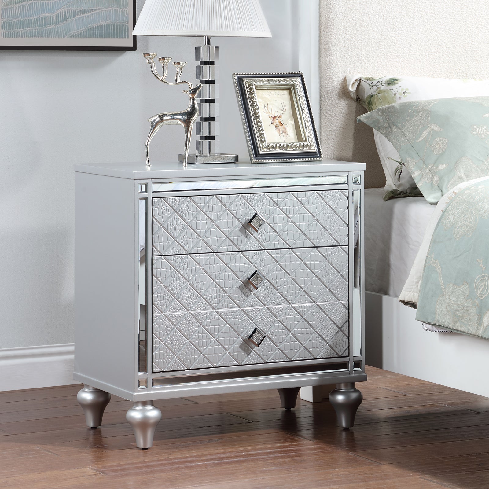 Contemporary Nightstands with mirror frame accents, Bedside Table with two drawers and one hidden drawer, End Table with Crystal Pull for Living Room,Bedroom, Silver