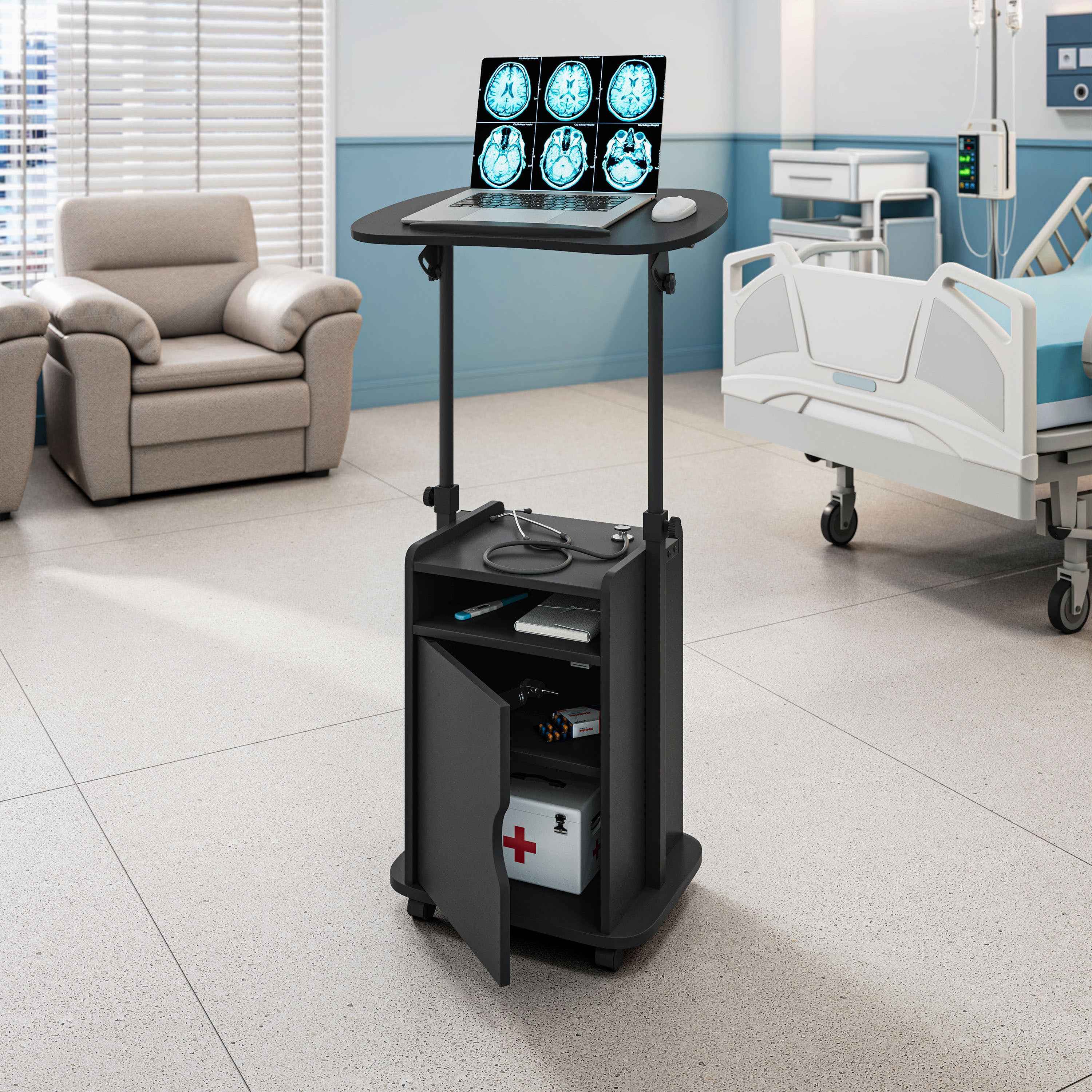 Techni Mobili Sit-to-Stand Rolling Adjustable Laptop Cart With Storage, Black