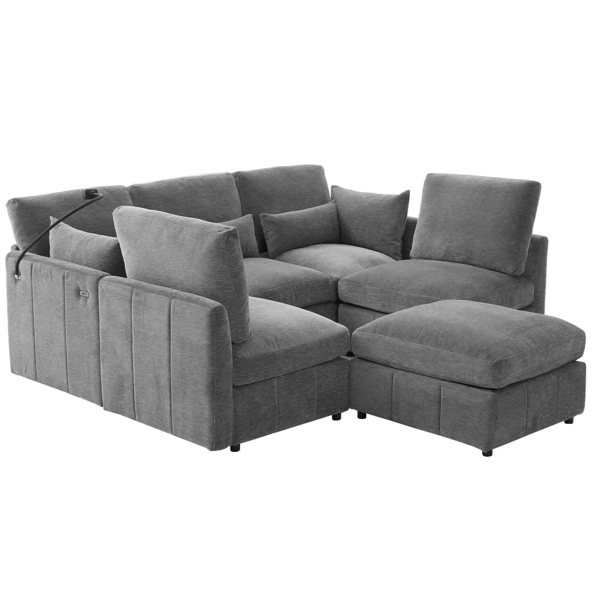 Modern Sectional Sofa Modular Sofa with Movable Ottoman, USB Ports & Phone Holder, Grey Chenille, 85.4'