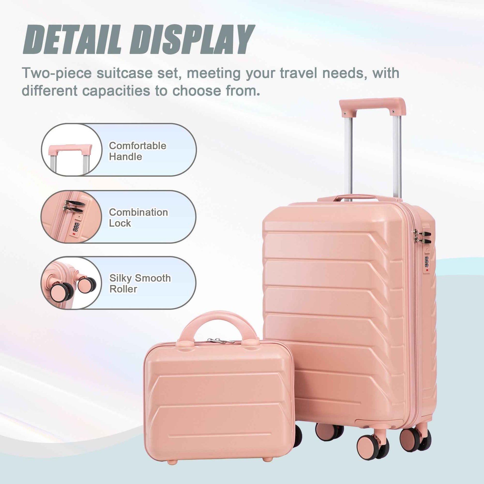 14'/20' 2 pcs/set in ABS Spinner Wheel Luggage, with Combination Lock,14' Cosmetic Case (Pink)